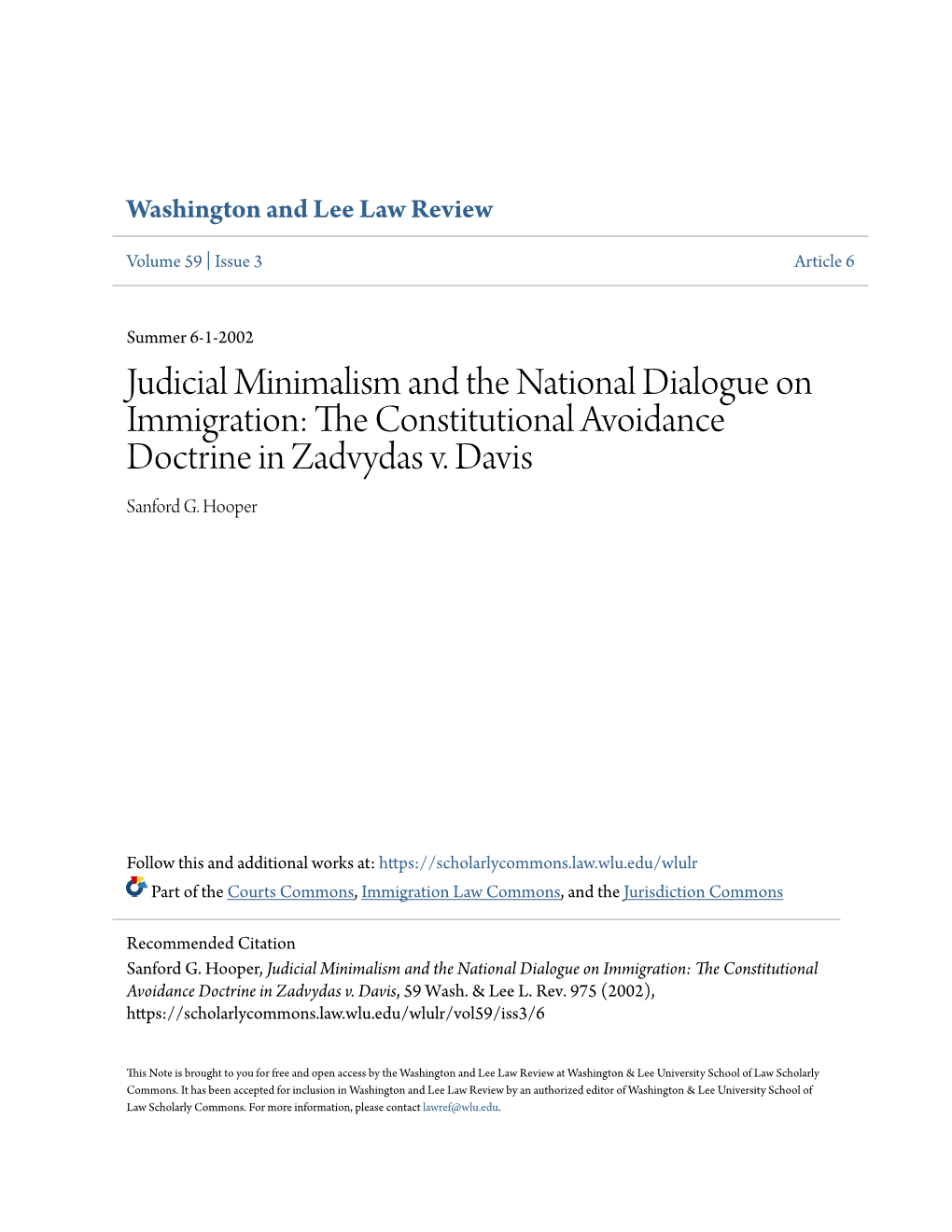 The Constitutional Avoidance Doctrine in Zadvydas V. Davis, 59 Wash