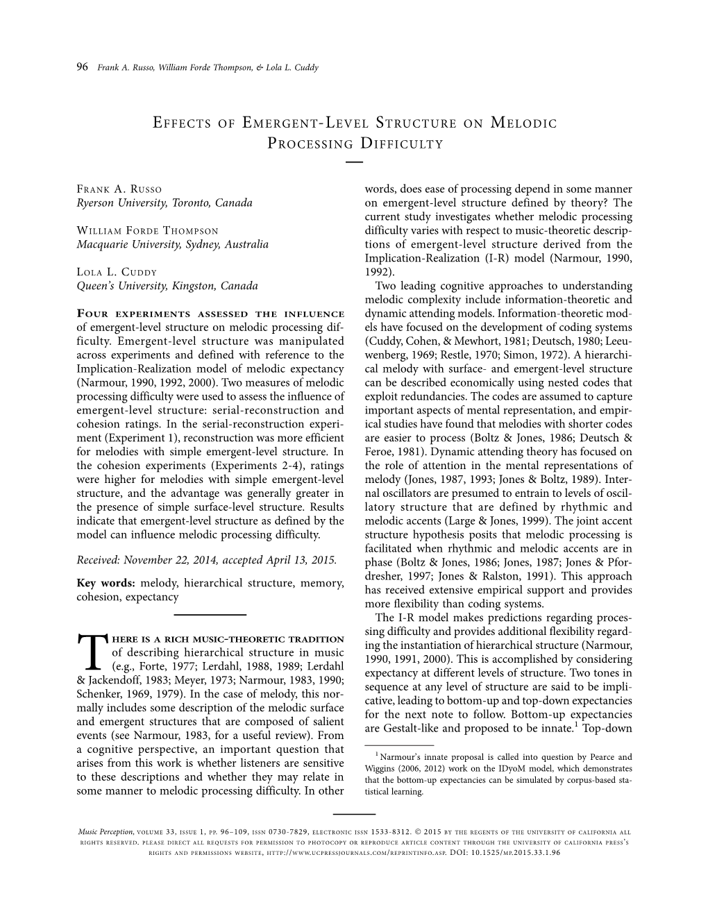 Effects of Emergent-Level Structure on Melodic Processing Difficulty