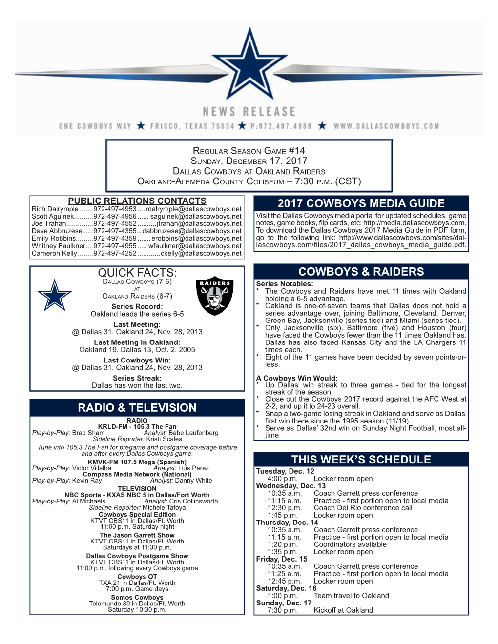 Radio & Television This Week's Schedule Cowboys