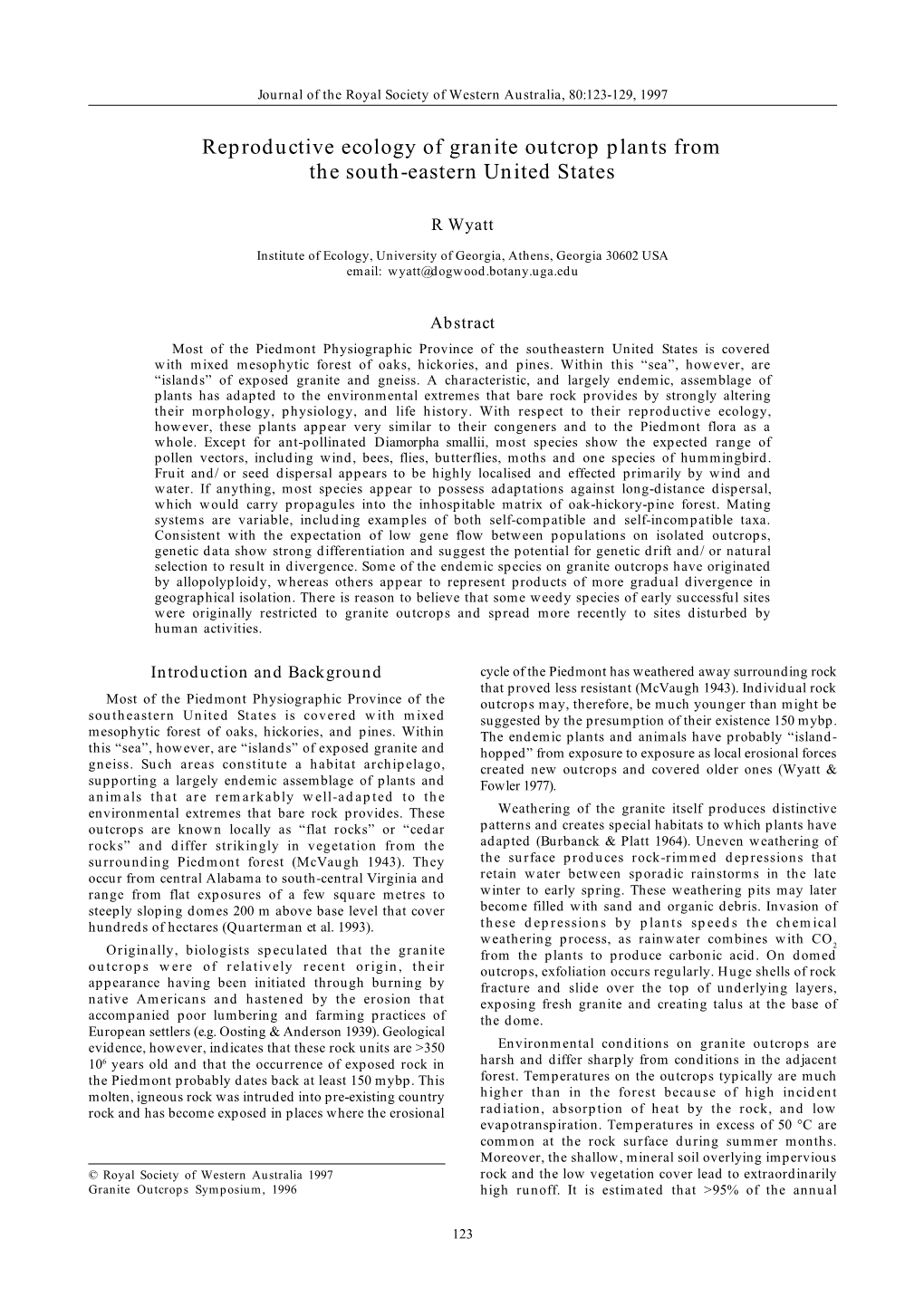 Reproductive Ecology of Granite Outcrop Plants from the South-Eastern United States