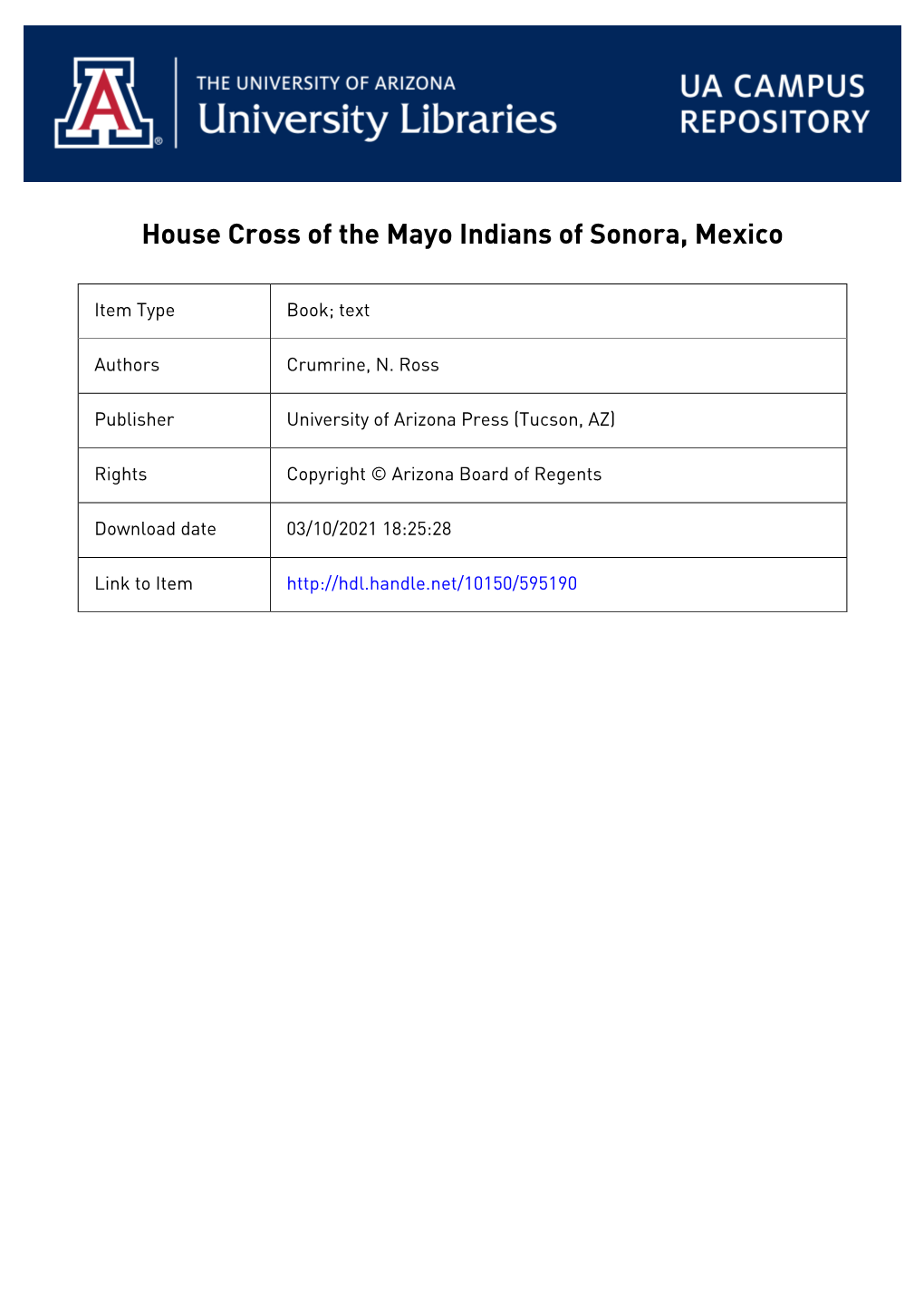 The House Cross of the Mayo Indians of Sonora, Mexico