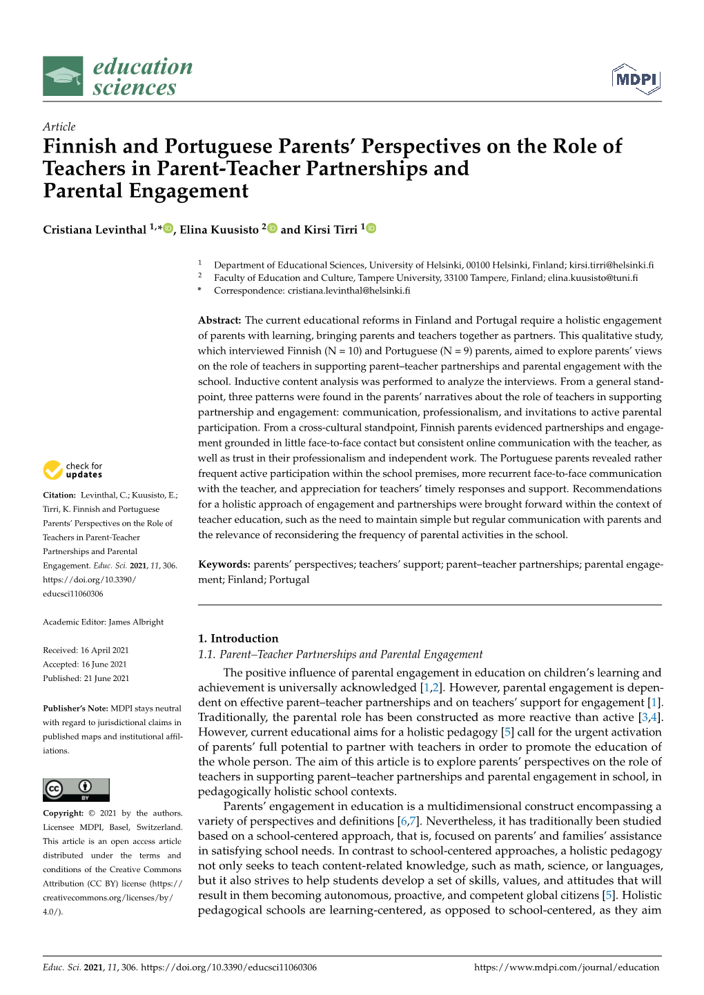 Finnish and Portuguese Parents' Perspectives on the Role Of