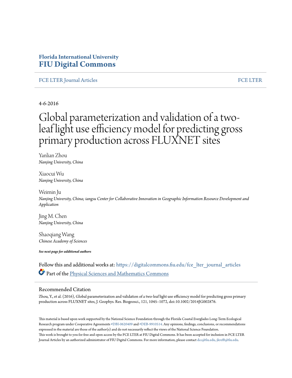 Global Parameterization and Validation of a Two-Leaf Light Use Efficiency Model for Predicting Gross Primary Production Across FLUXNET Sites, J