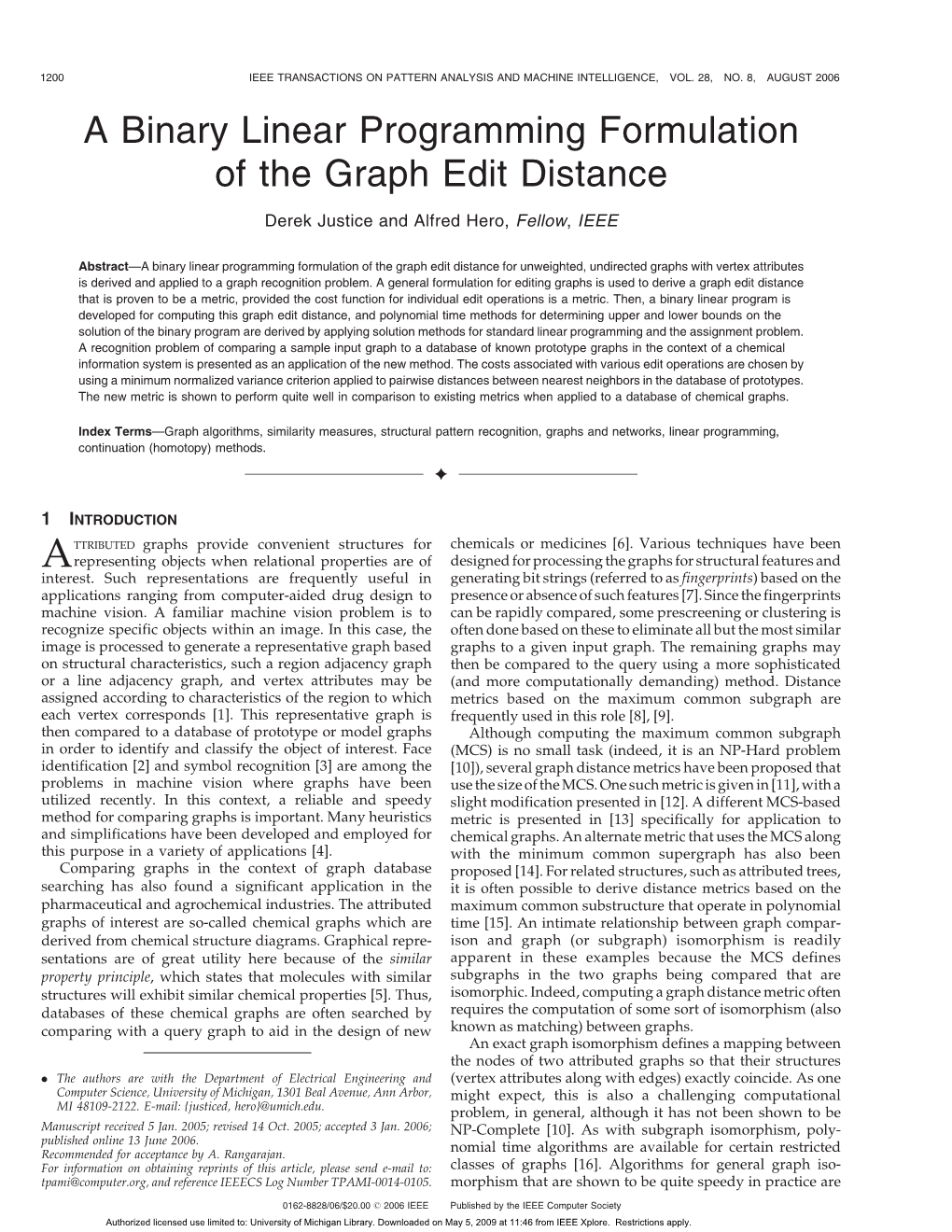 A Binary Linear Programming Formulation of the Graph Edit Distance