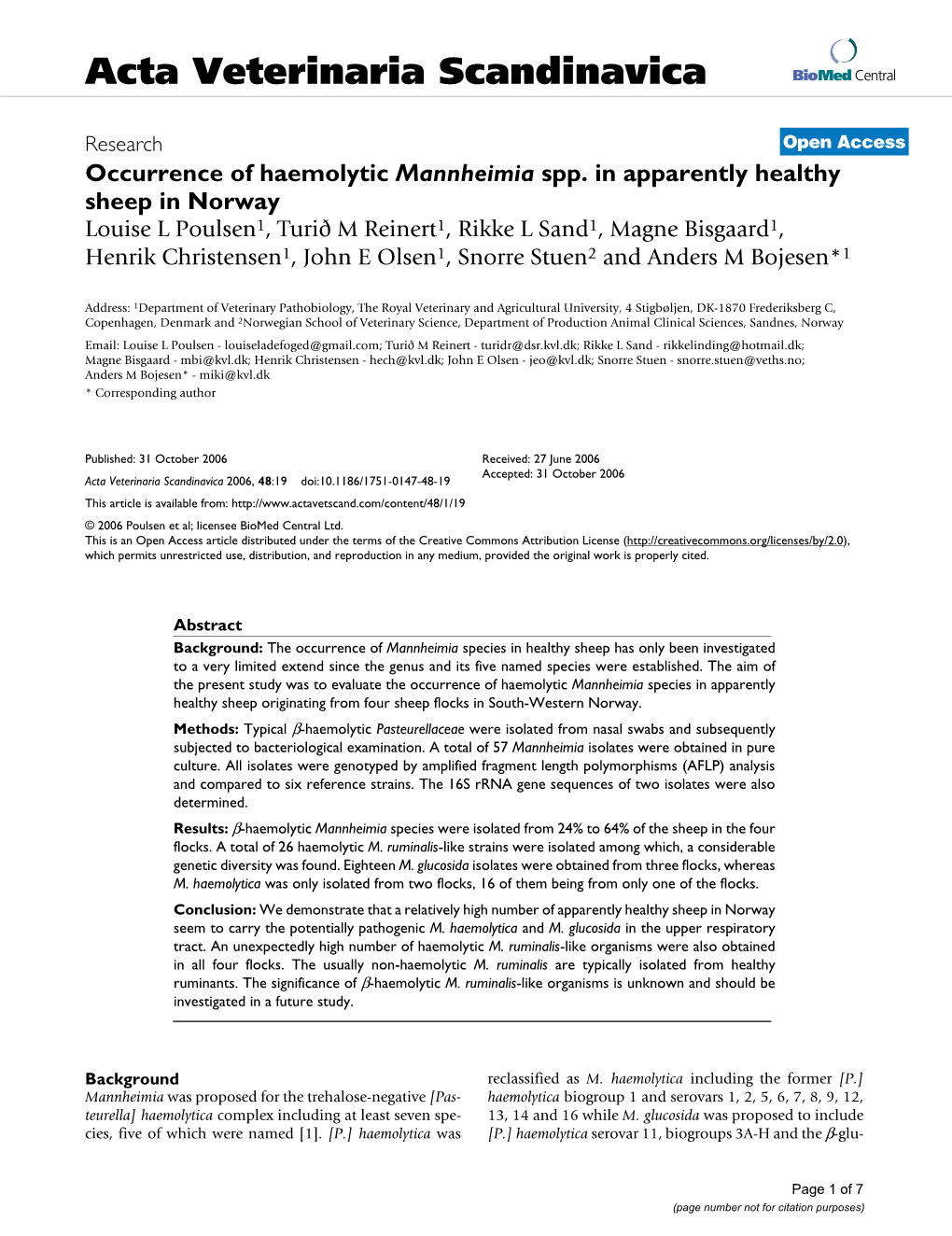 Occurrence of Haemolytic Mannheimia Spp. in Apparently Healthy Sheep In