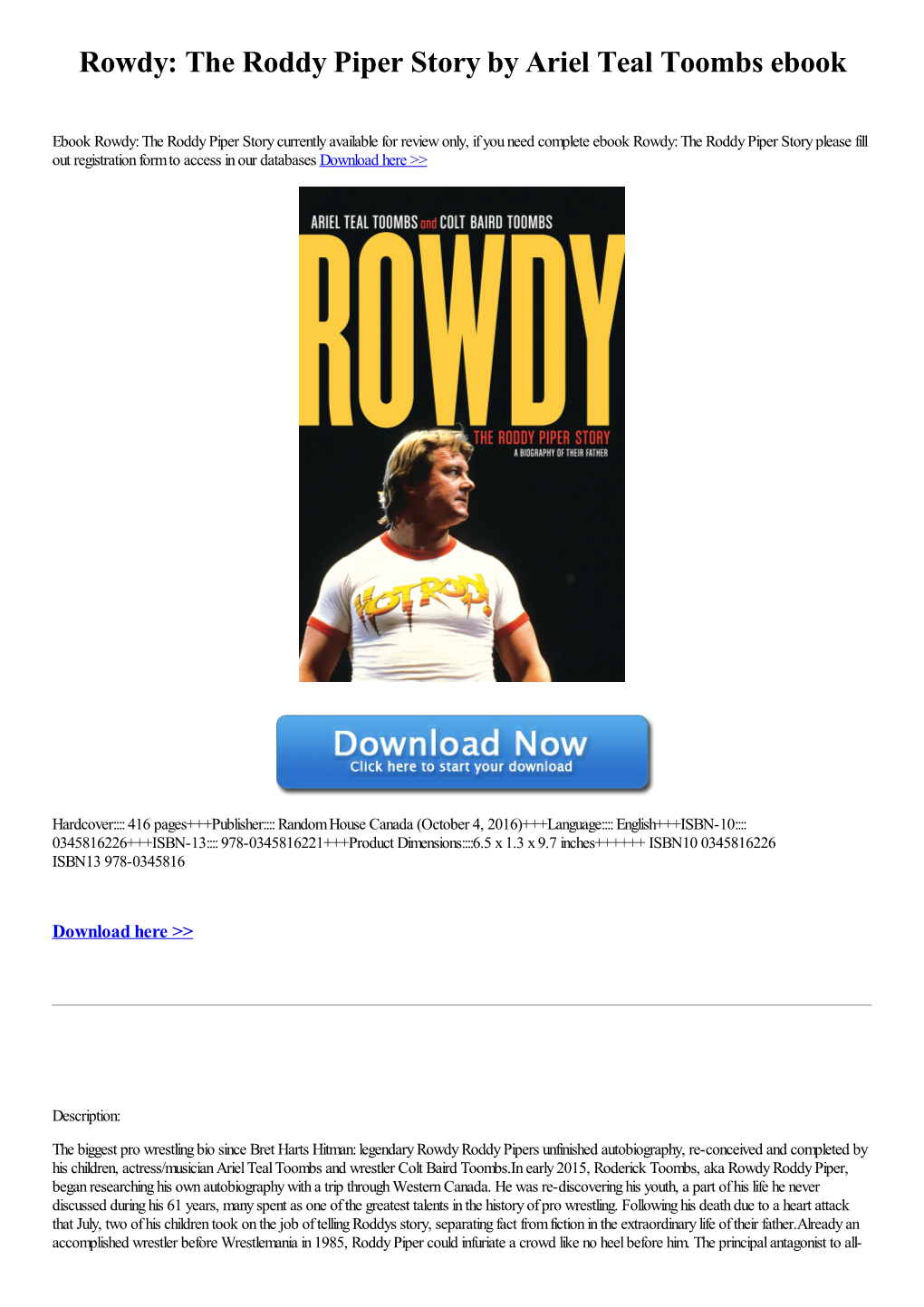 Rowdy: the Roddy Piper Story by Ariel Teal Toombs Ebook