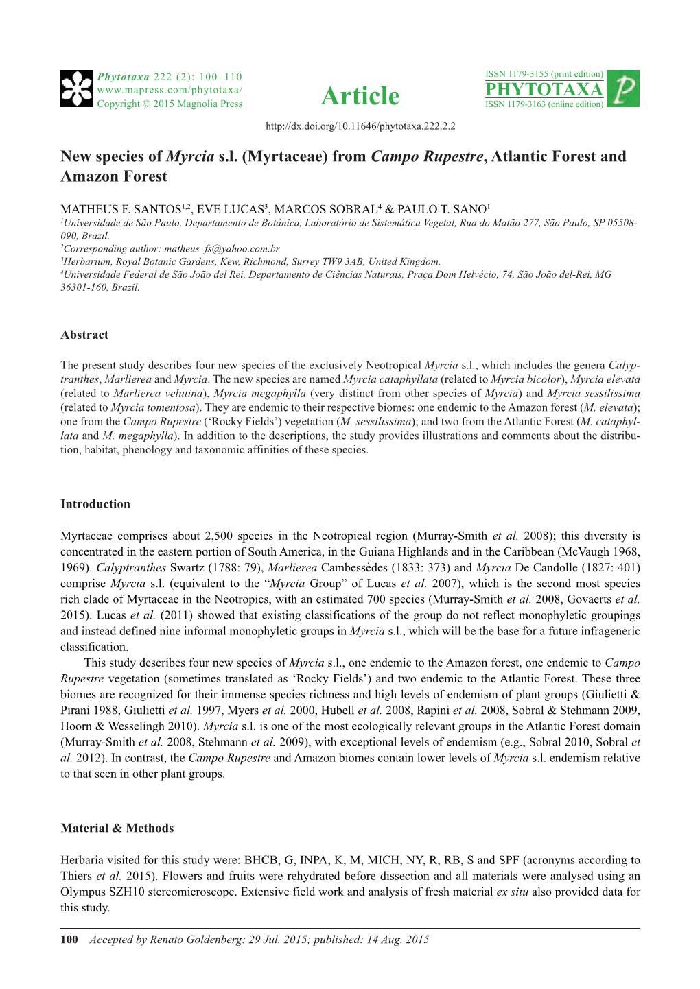 New Species of Myrcia Sl (Myrtaceae)