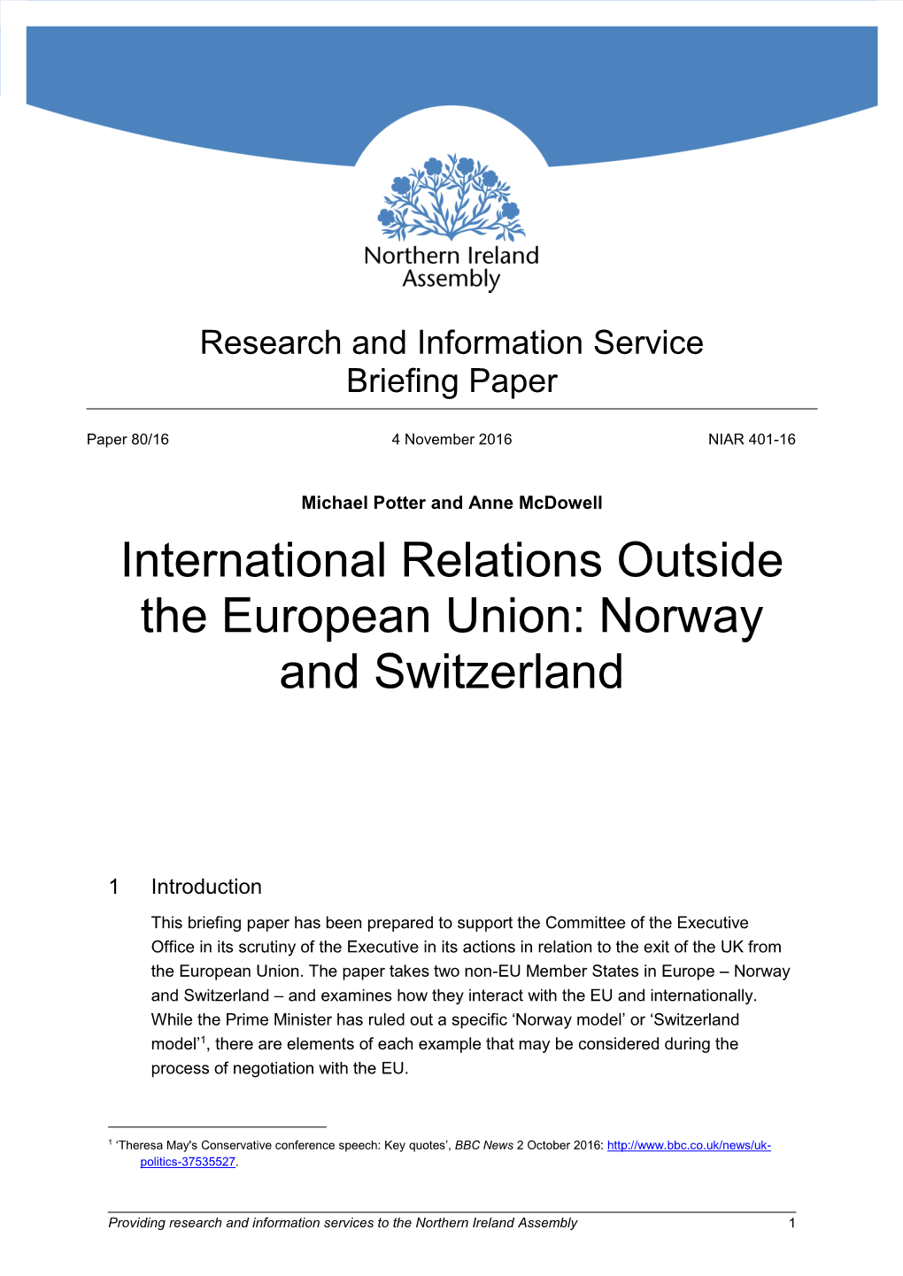 International Relations Outside the European Union: Norway and Switzerland