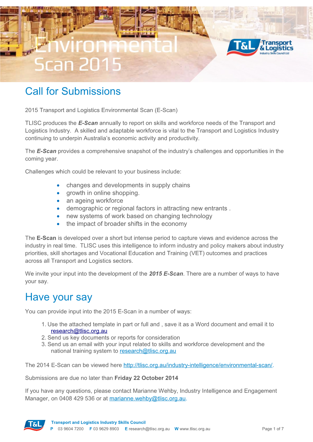 2015 Transport and Logistics Environmental Scan (E-Scan)