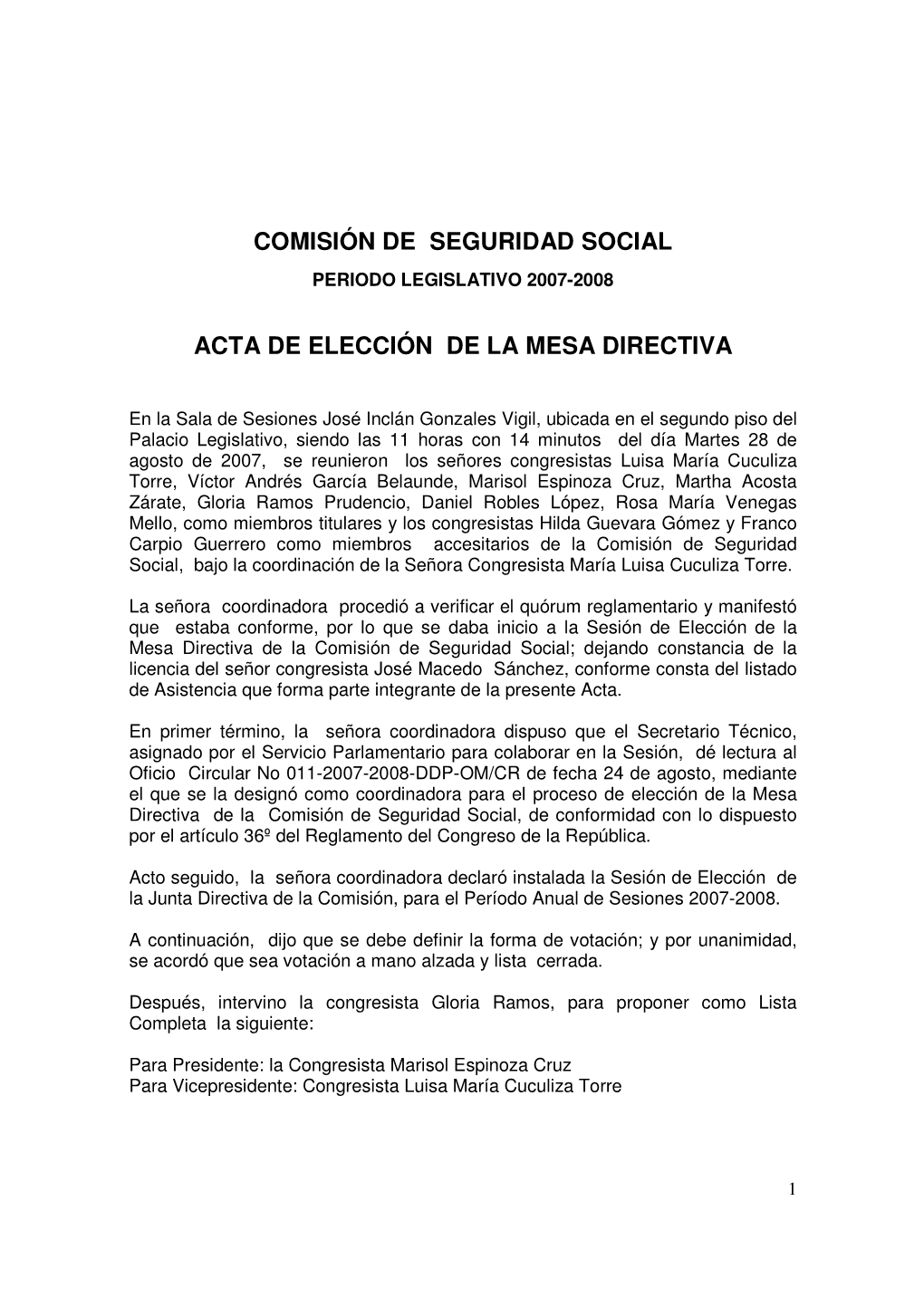 Comisión De Seguridad Social Acta De Elección De La Mesa