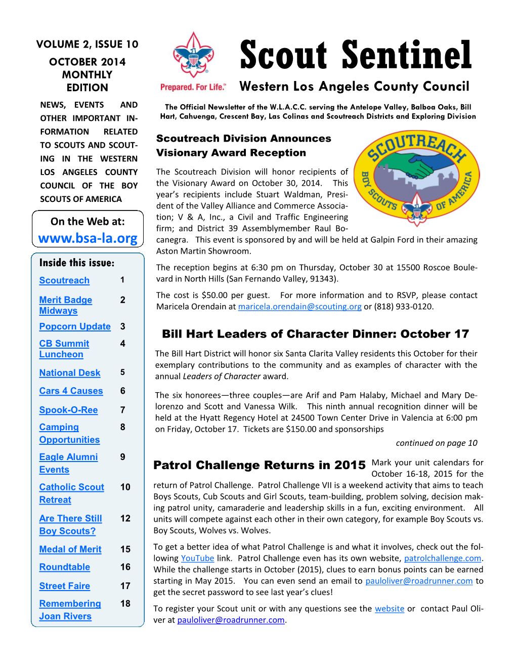 Scout Sentinel EDITION Western Los Angeles County Council NEWS, EVENTS and the Official Newsletter of the W.L.A.C.C