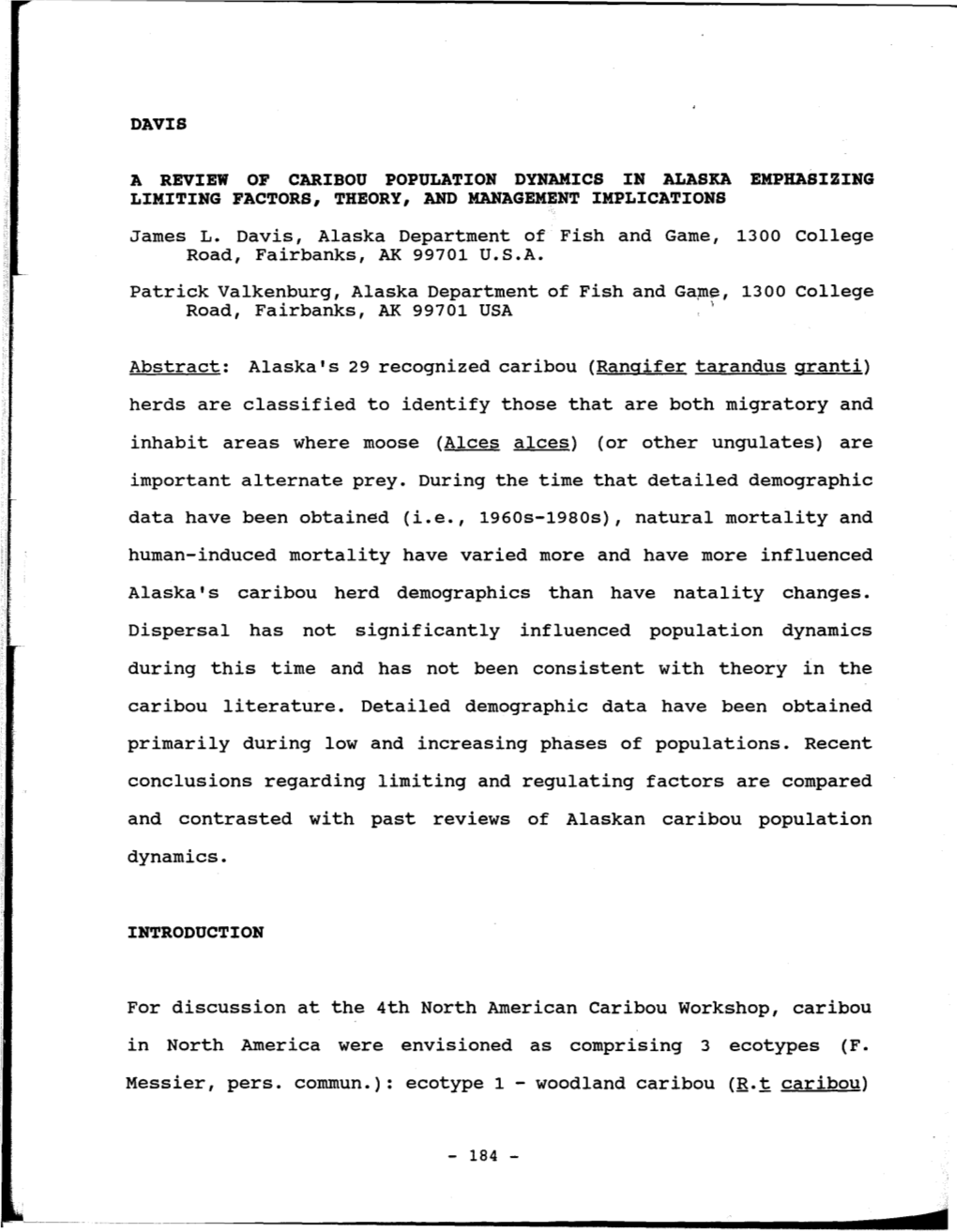 A Review of Caribou Population Dynamics in Alaska Emphasizing Limiting Factors, Theory, and Management Implications