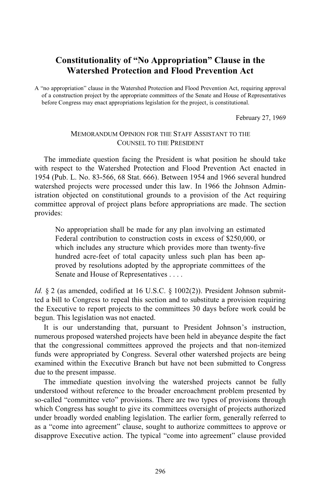 Constitutionality of “No Appropriation” Clause in the Watershed Protection and Flood Prevention Act