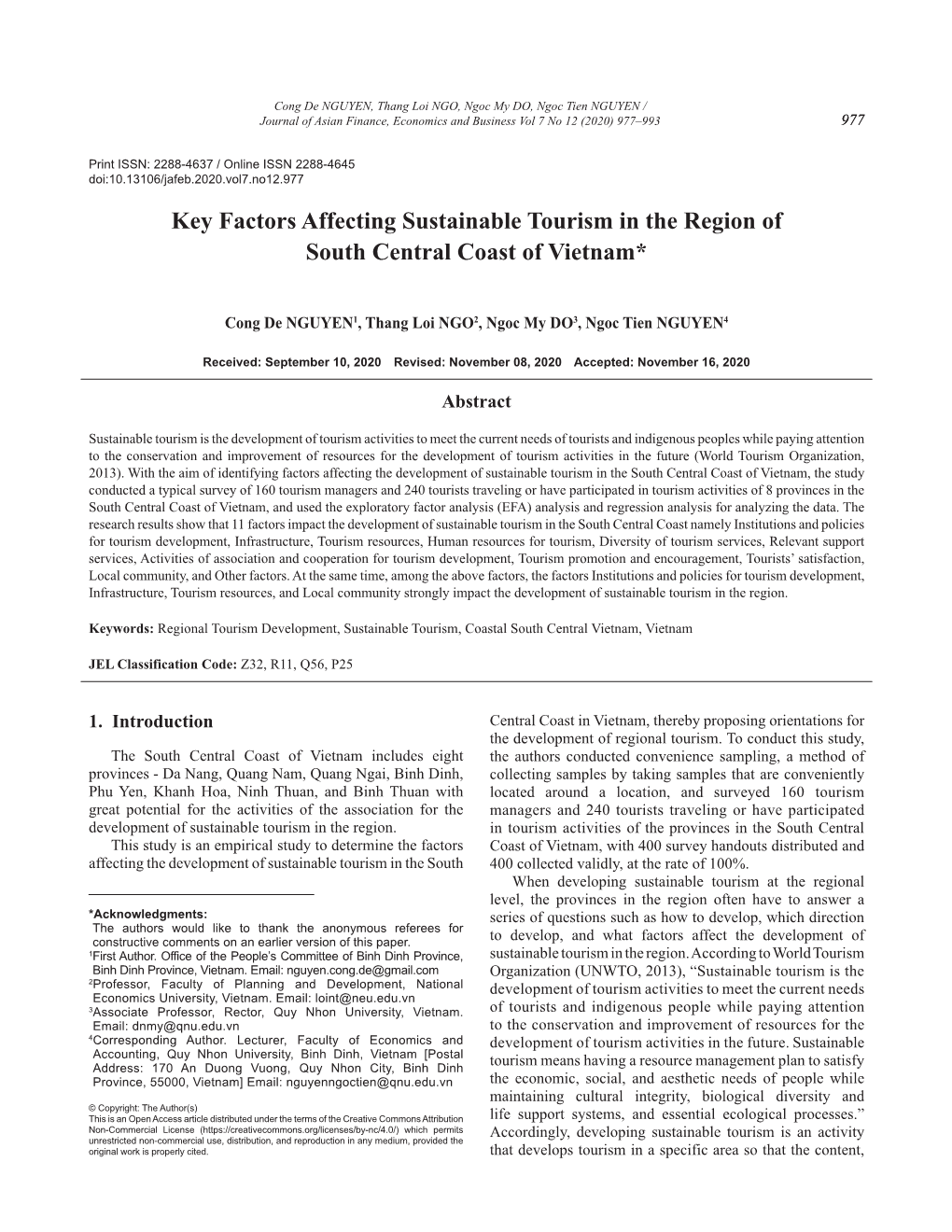 Key Factors Affecting Sustainable Tourism in the Region of South Central Coast of Vietnam*