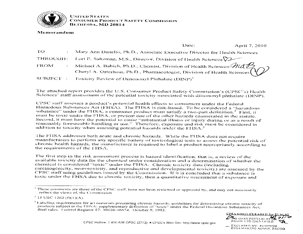 Toxicity Review for Diisononyl Phthalate (DINP)