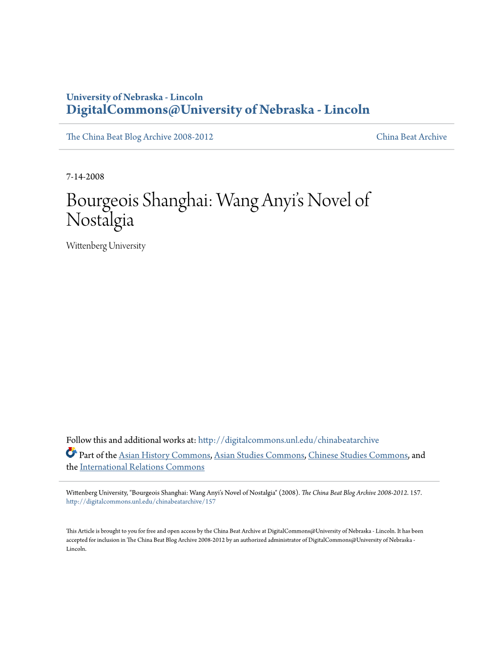 Bourgeois Shanghai: Wang Anyi’S Novel of Nostalgia Wittenberg University