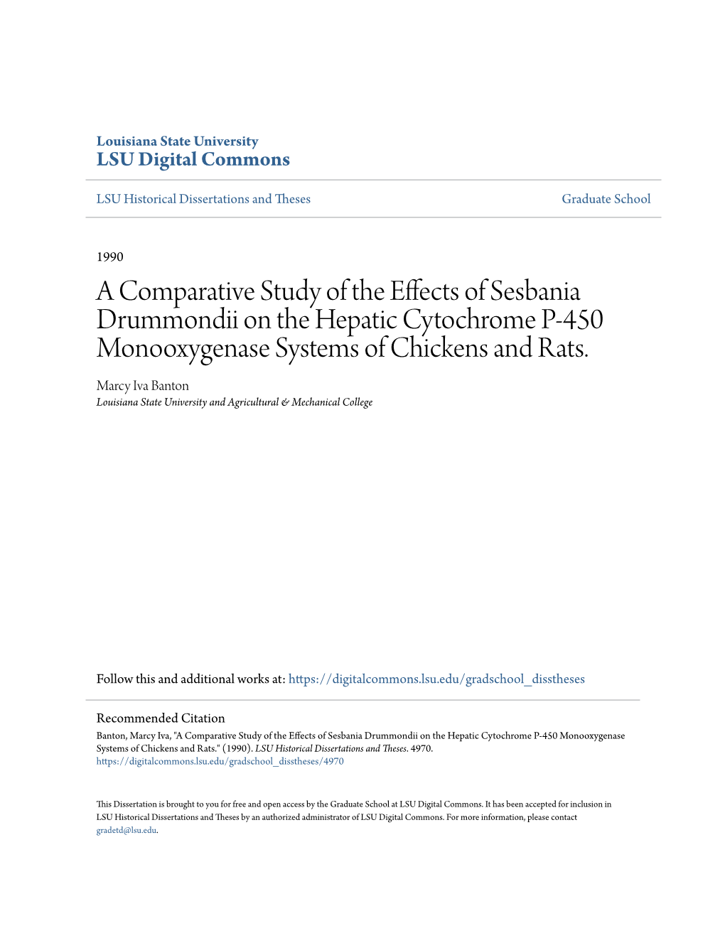 A Comparative Study of the Effects of Sesbania Drummondii on the Hepatic Cytochrome P-450 Monooxygenase Systems of Chickens and Rats