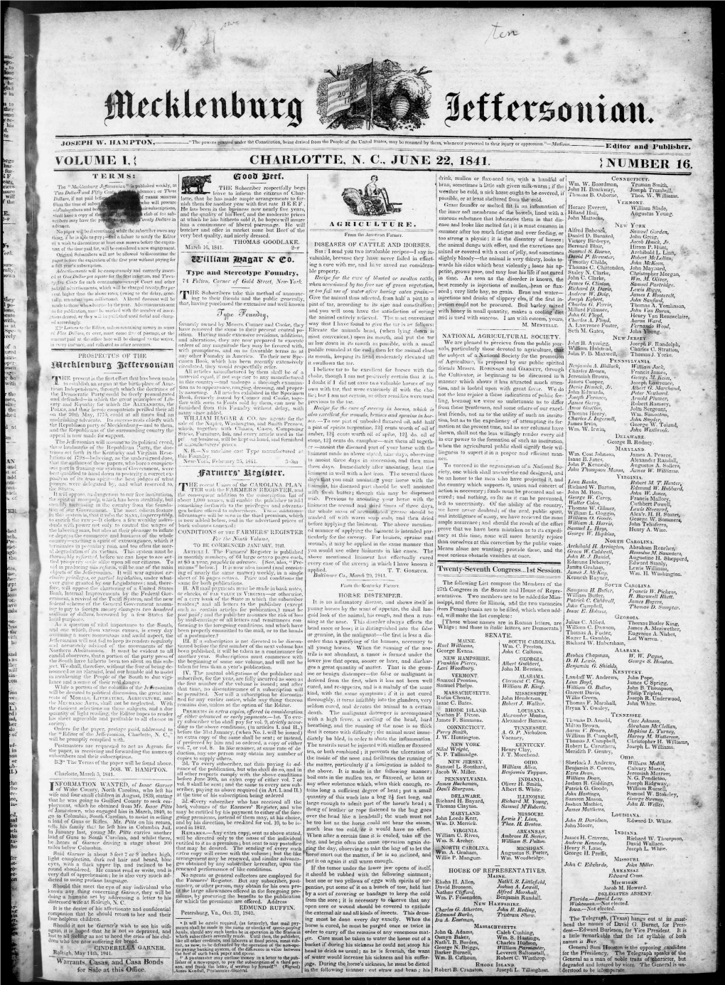 R VOLUME I. I CHARLOTTE, N. C., JUNE 22, 1841. S NUMBER 16