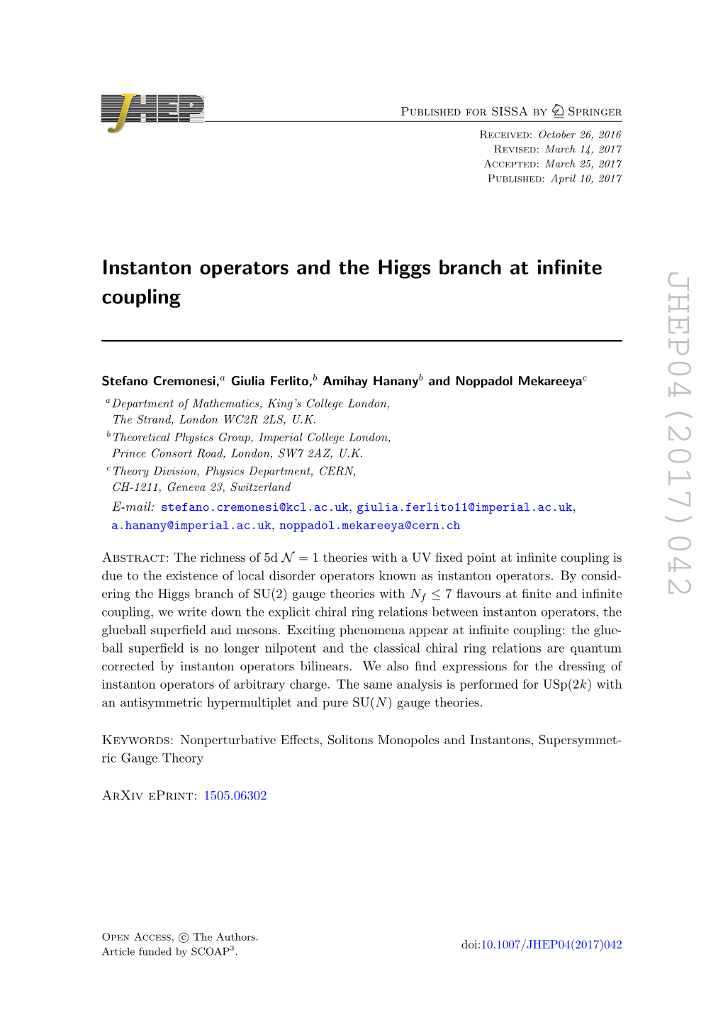 Arxiv: Instanton Operators and the Higgs Branch at Infinite Coupling