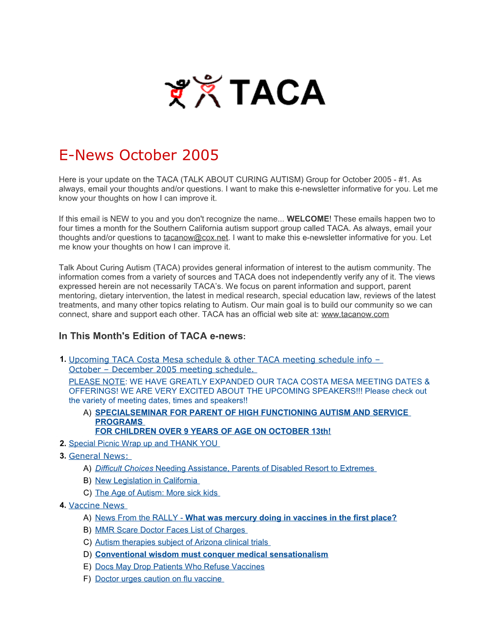 In This Month's Edition of TACA E-News s1