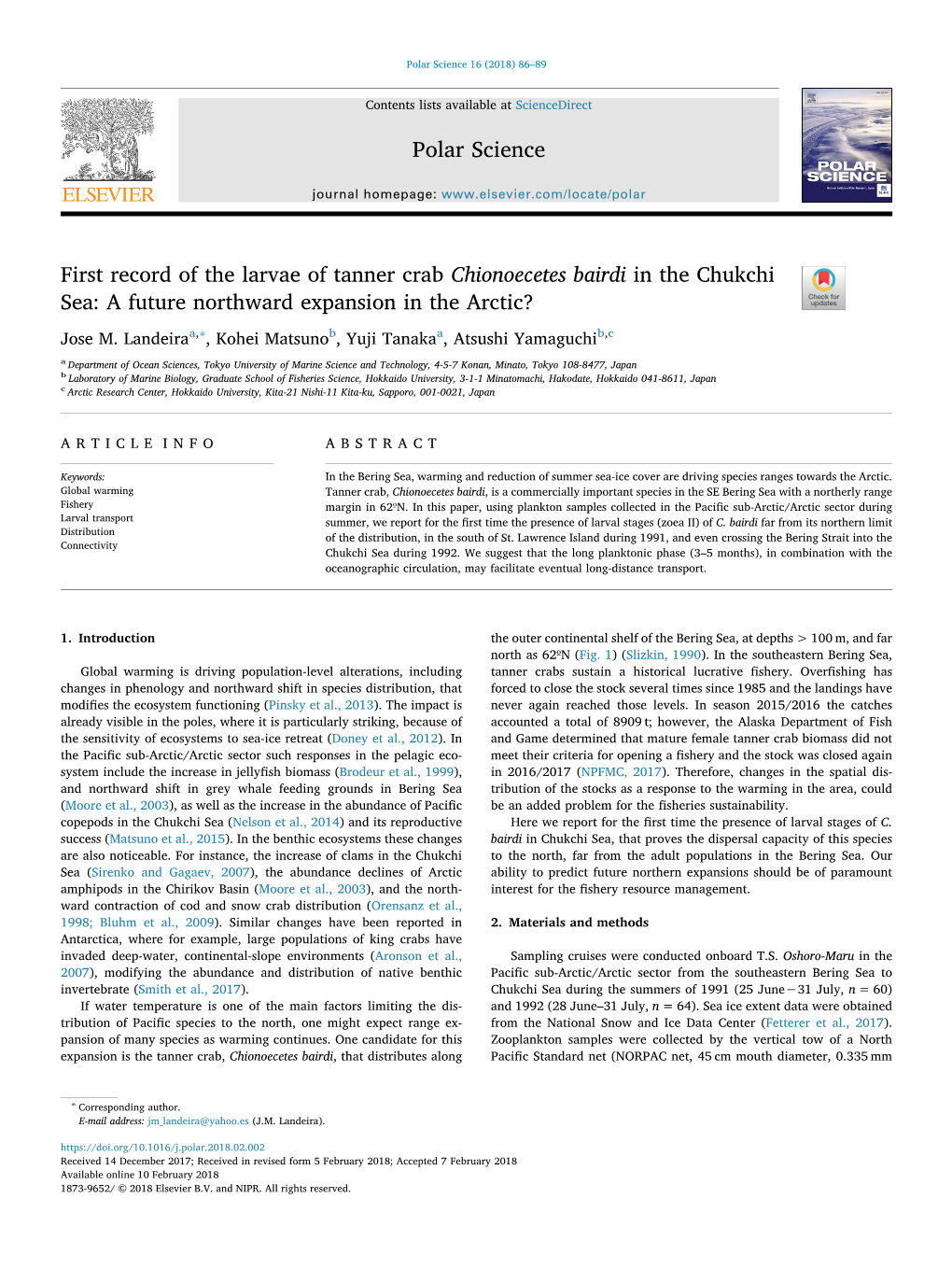 First Record of the Larvae of Tanner Crab Chionoecetes Bairdi in the Chukchi T Sea: a Future Northward Expansion in the Arctic?