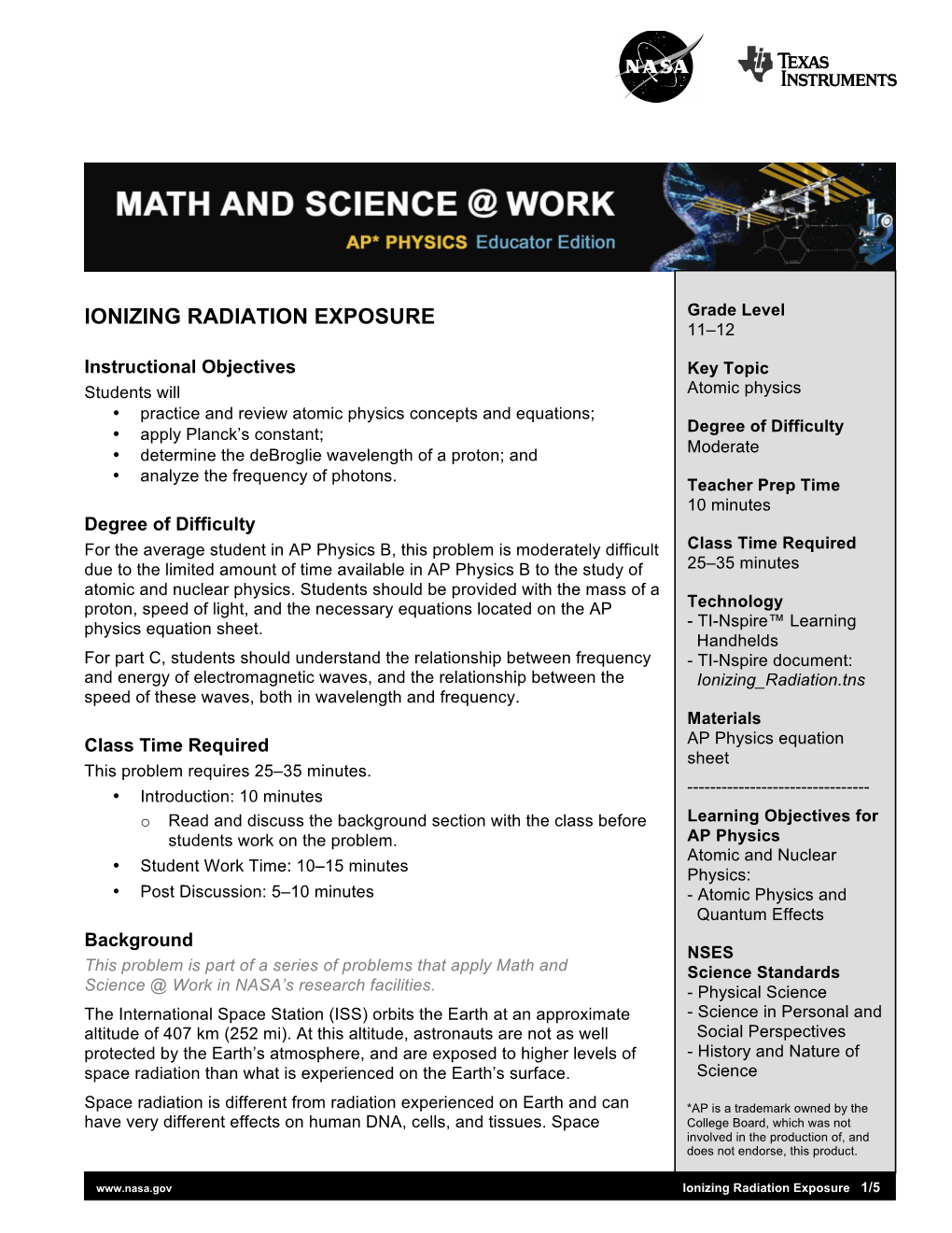 IONIZING RADIATION EXPOSURE Grade Level 11–12