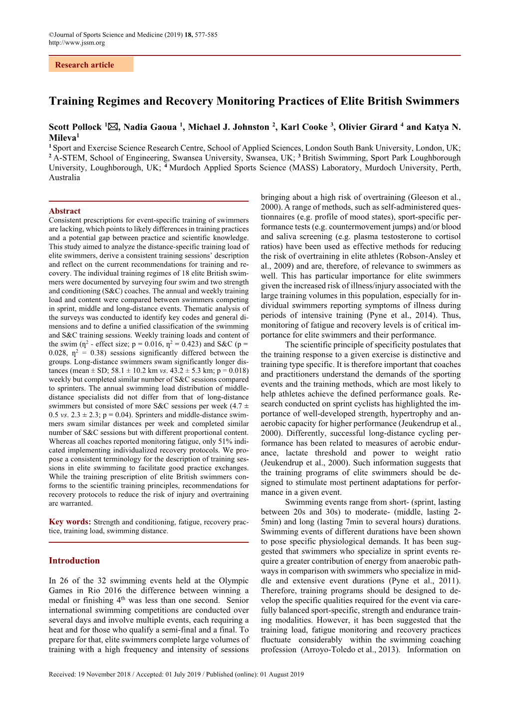 Training Regimes and Recovery Monitoring Practices of Elite British Swimmers