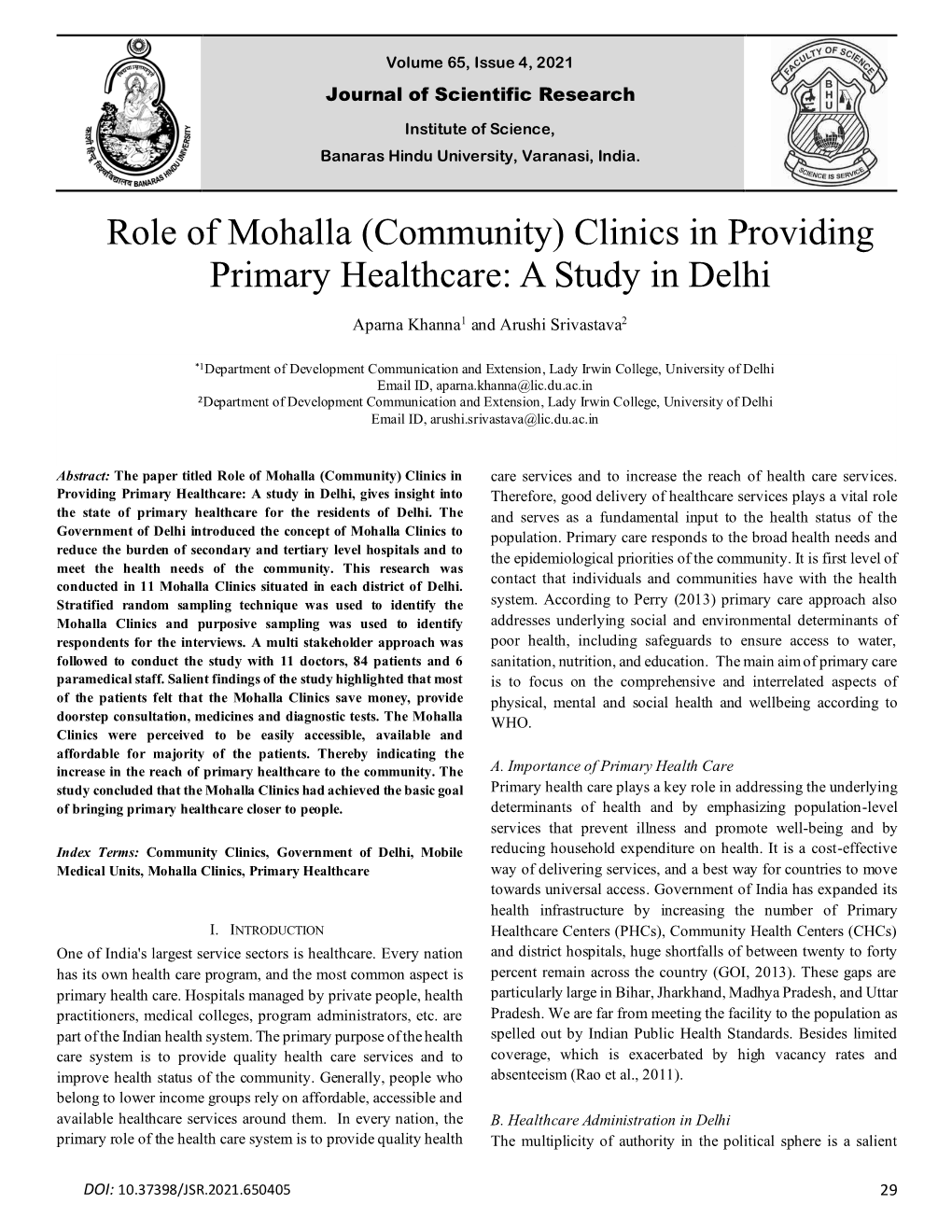 Role of Mohalla (Community) Clinics in Providing Primary Healthcare: a Study in Delhi