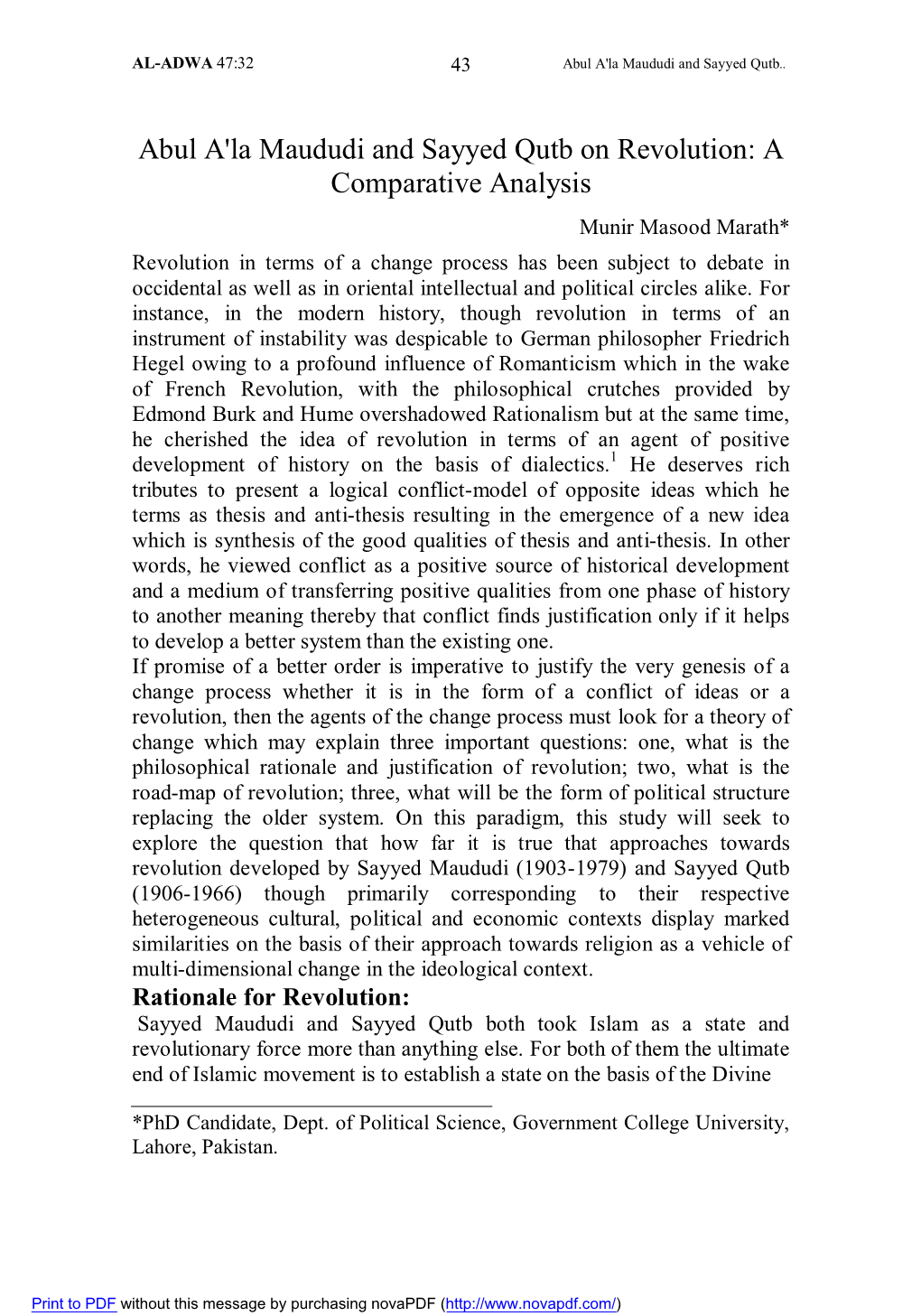 Abul A'la Maududi and Sayyed Qutb on Revolution: a Comparative Analysis