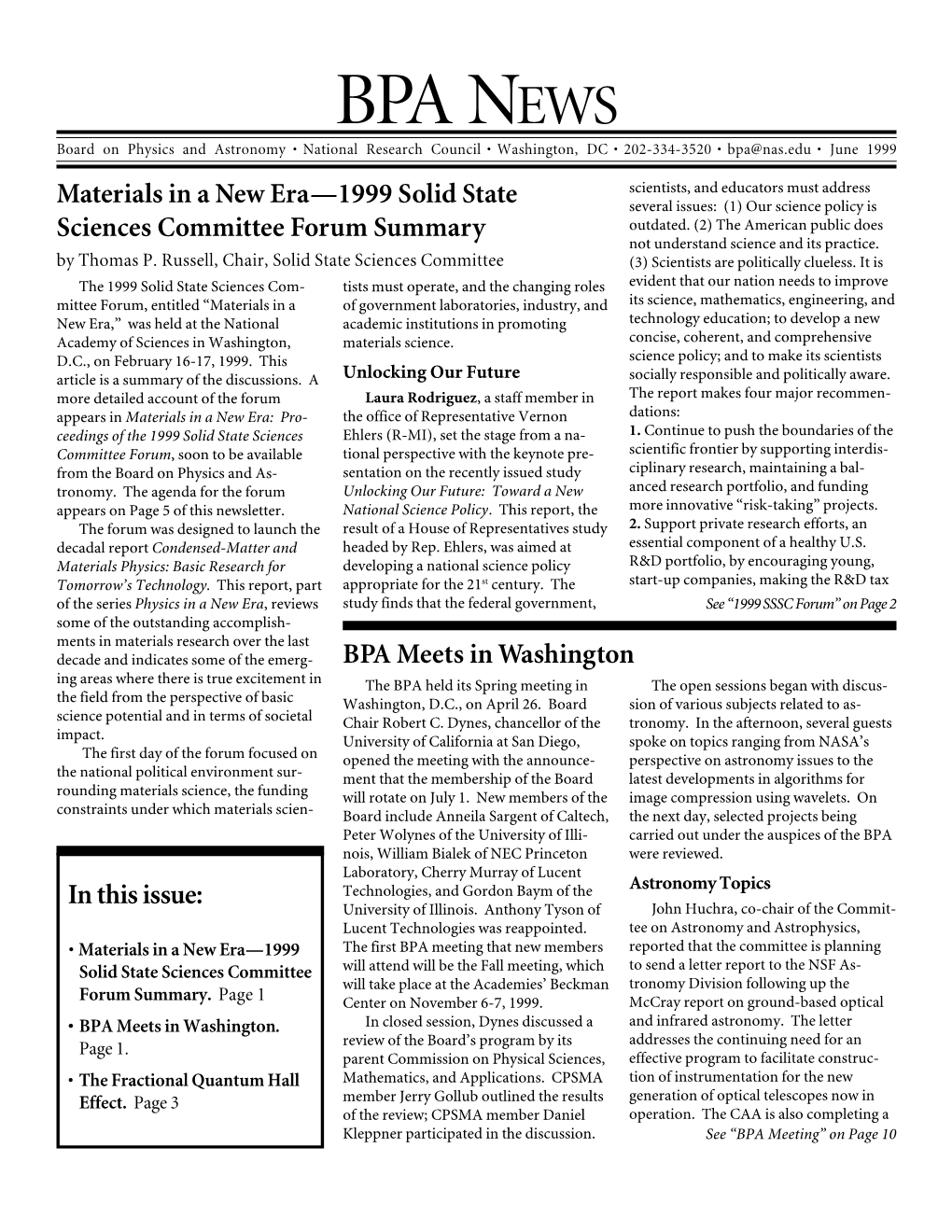 BPA NEWS Board on Physics and Astronomy • National Research Council • Washington, DC • 202-334-3520 • Bpa@Nas.Edu • June 1999