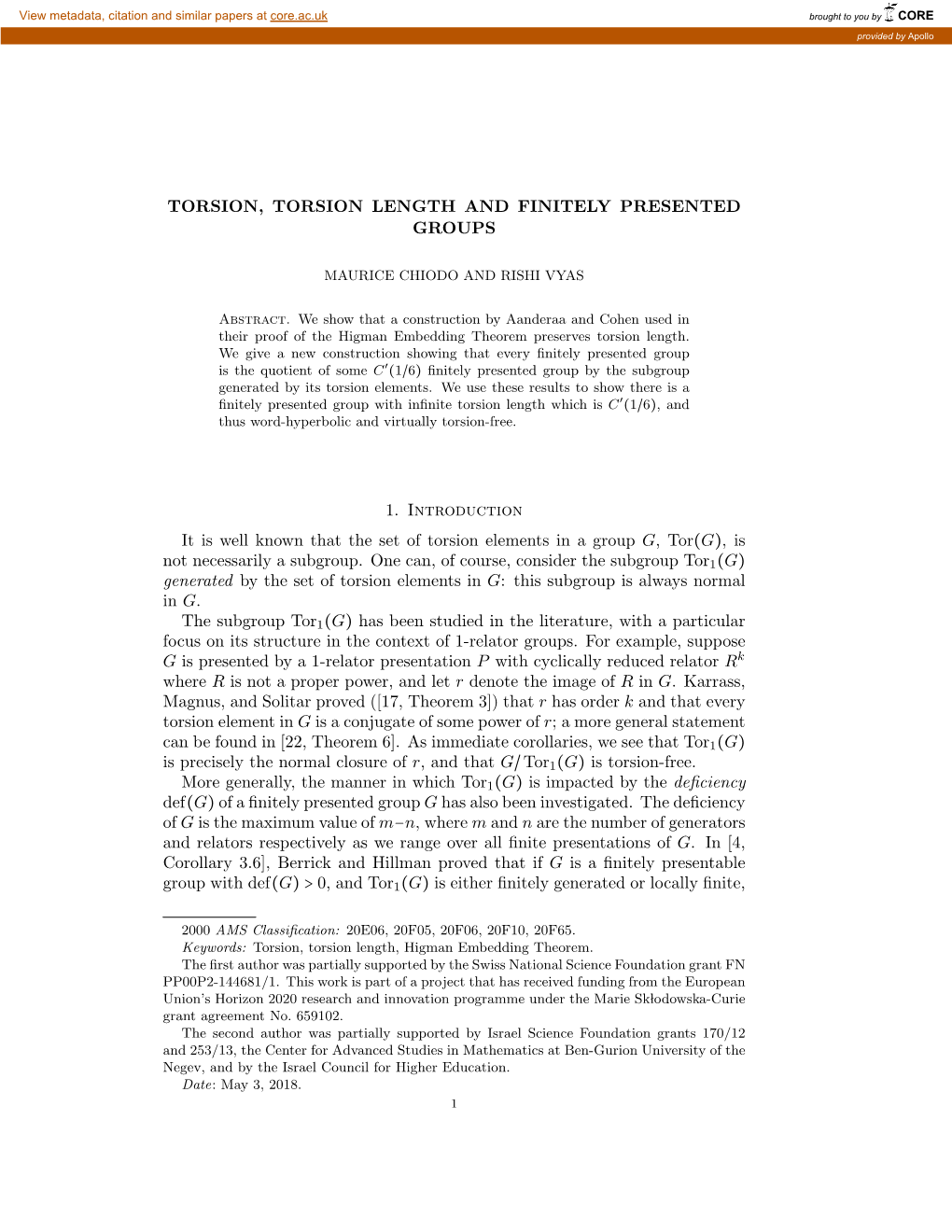 Torsion, Torsion Length and Finitely Presented Groups 11