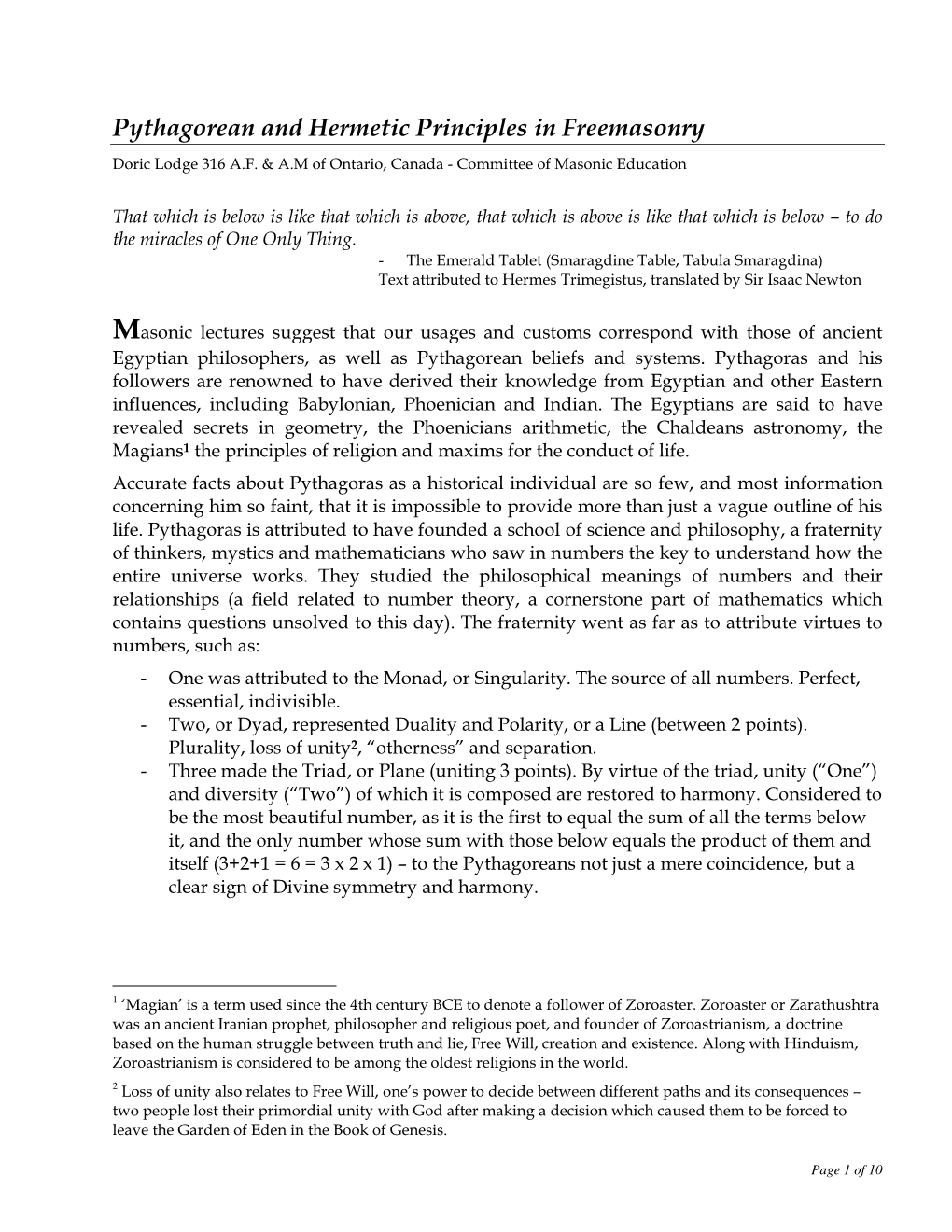 Pythagorean and Hermetic Principles in Freemasonry Doric Lodge 316 A.F