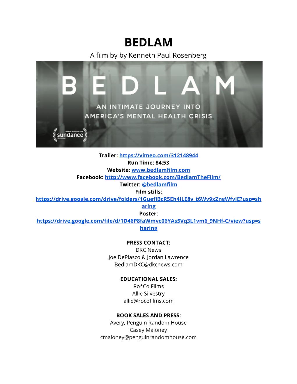 BEDLAM a Film by by Kenneth Paul Rosenberg