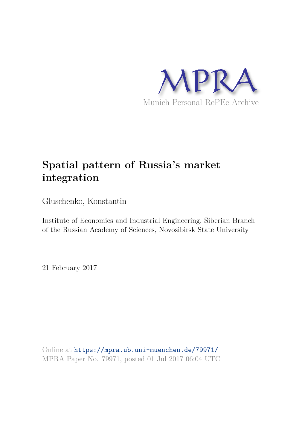 Spatial Pattern of Russia's Market Integration