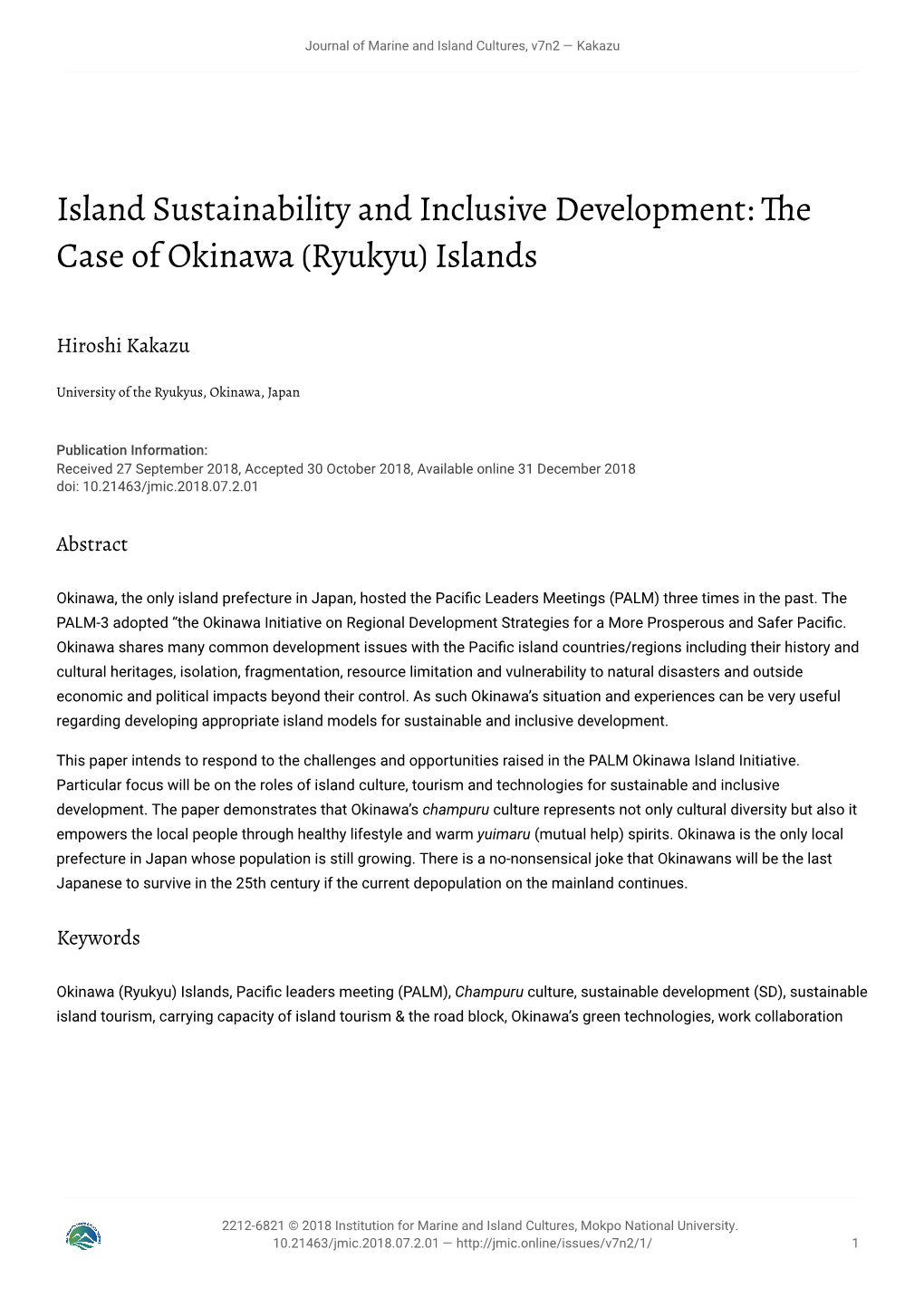 Island Sustainability and Inclusive Development: the Case of Okinawa (Ryukyu)