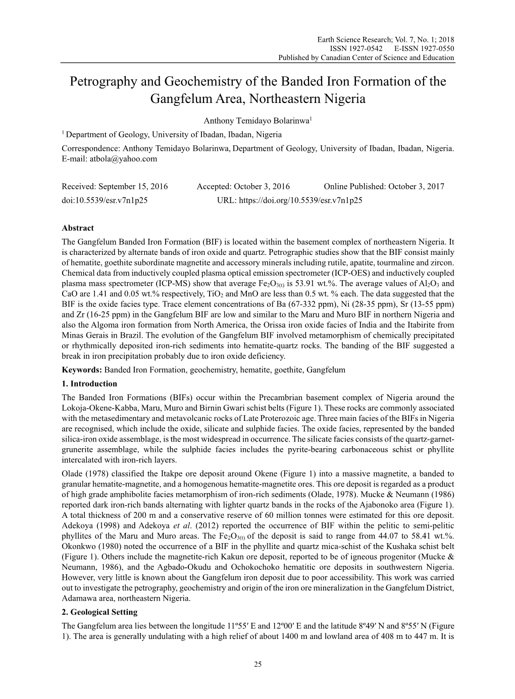 Petrography and Geochemistry of the Banded Iron Formation of the Gangfelum Area, Northeastern Nigeria