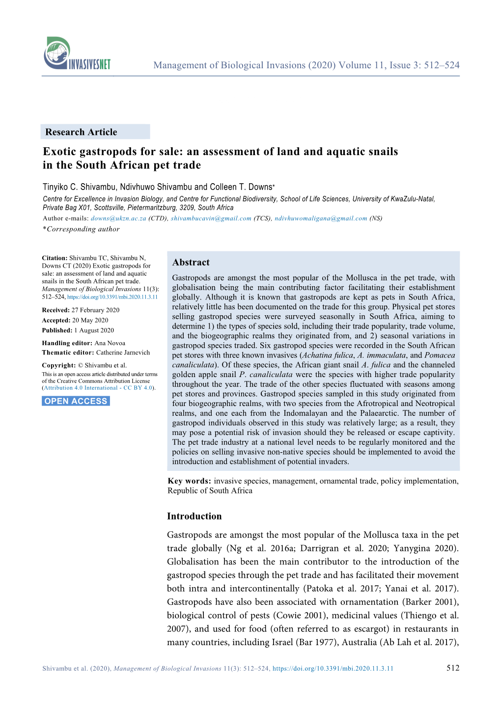 An Assessment of Land and Aquatic Snails in the South African Pet Trade