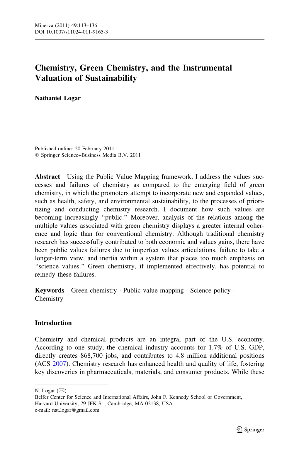 Chemistry, Green Chemistry, and the Instrumental Valuation of Sustainability