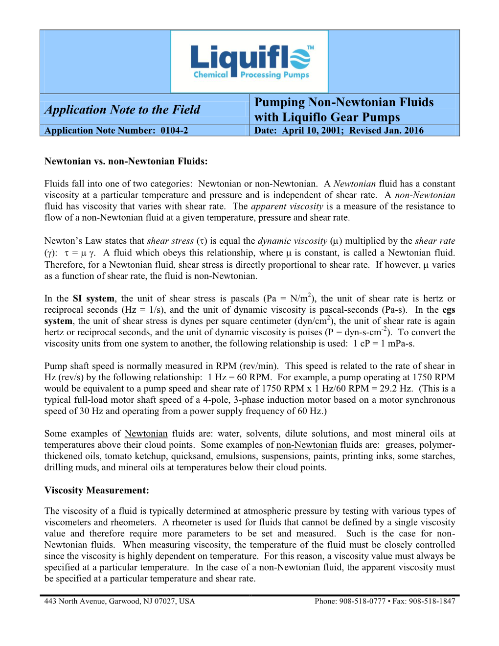 Application Note to the Field Pumping Non-Newtonian Fluids with Liquiflo Gear Pumps