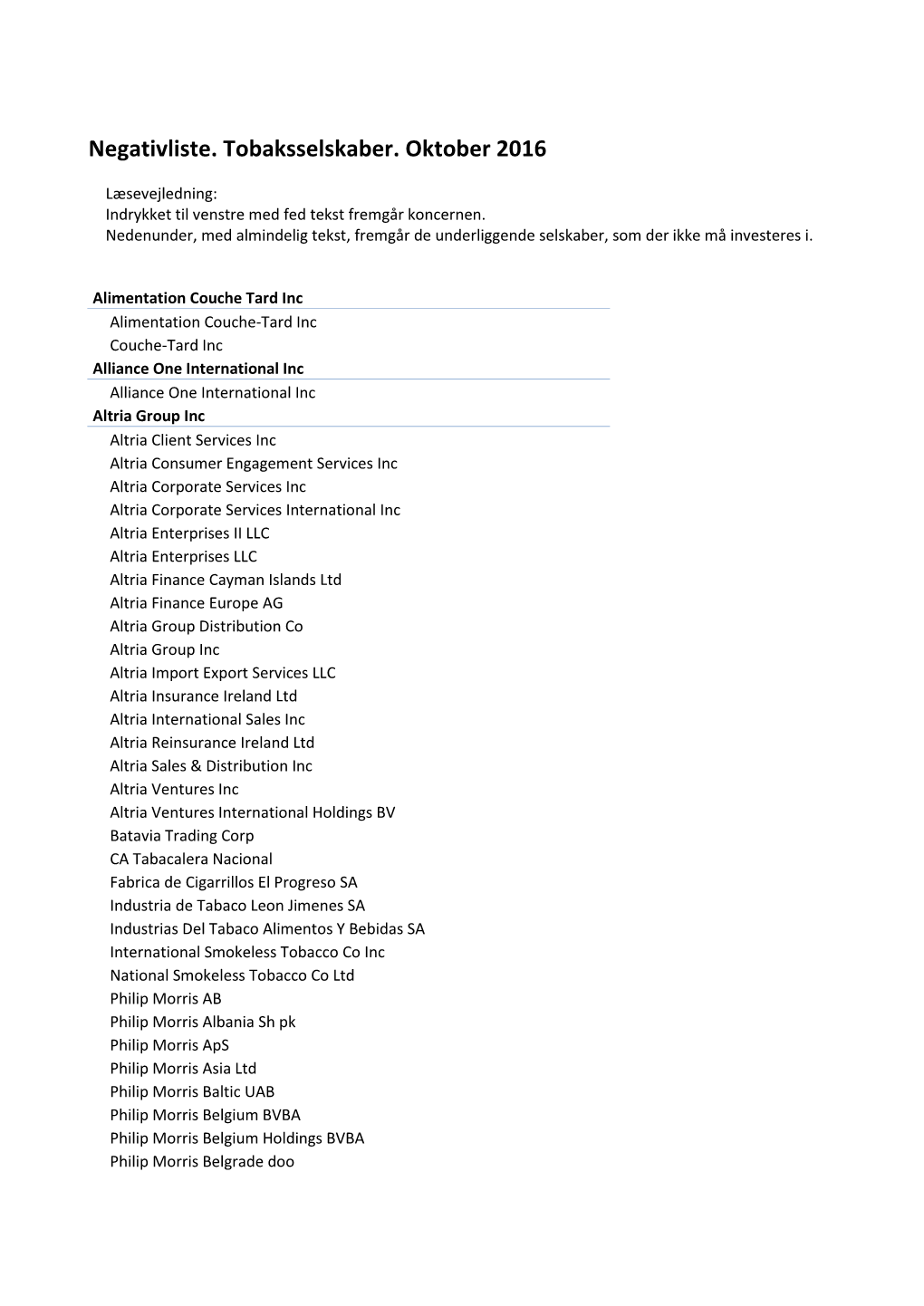 Negativliste. Tobaksselskaber. Oktober 2016