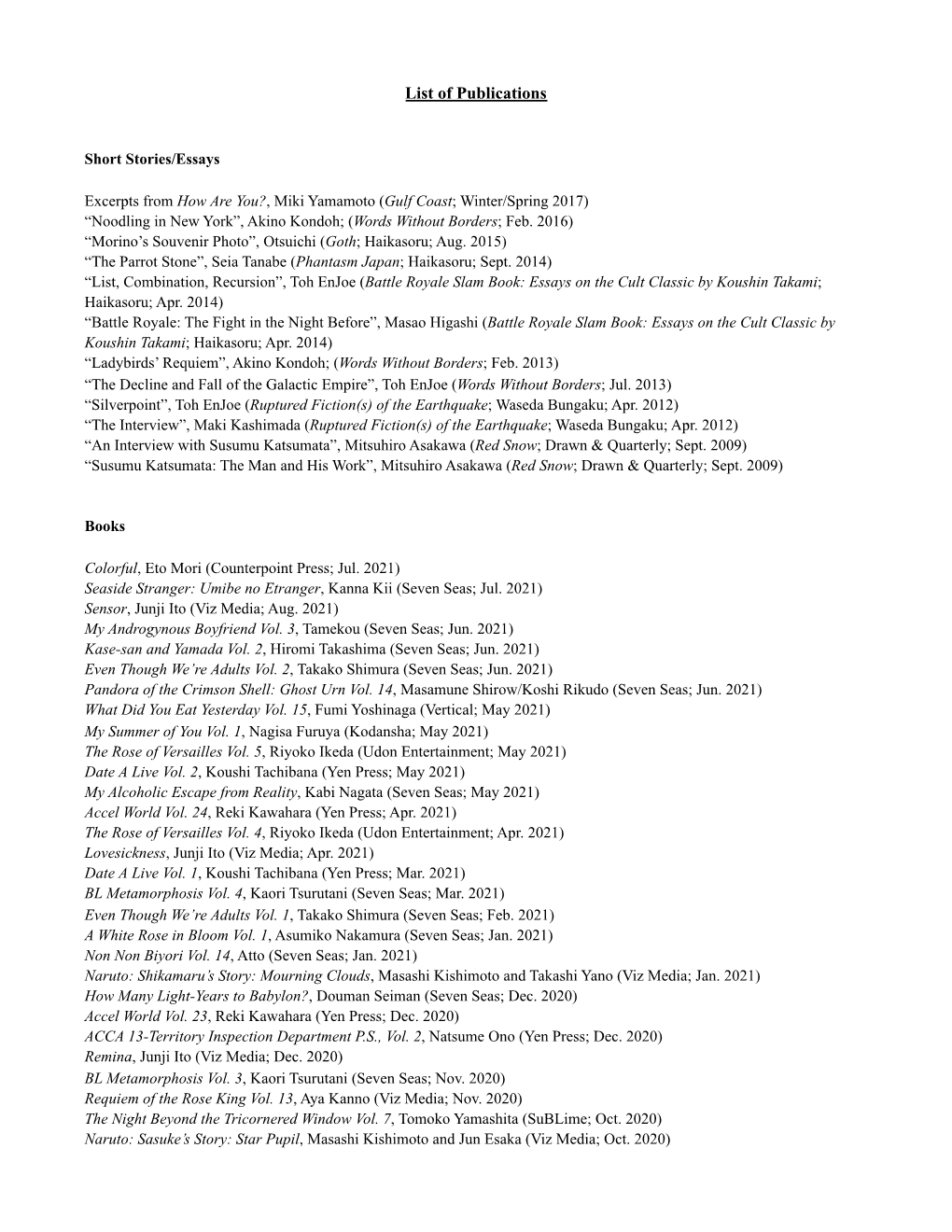 List of Publications