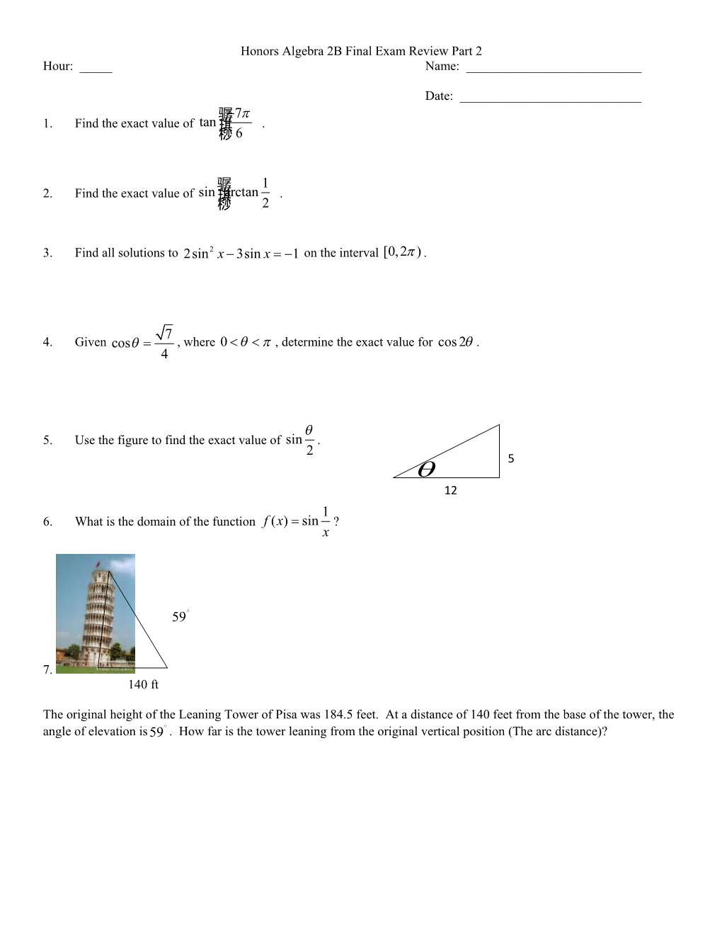 Honors Algebra 2B Final Exam Review Part 2