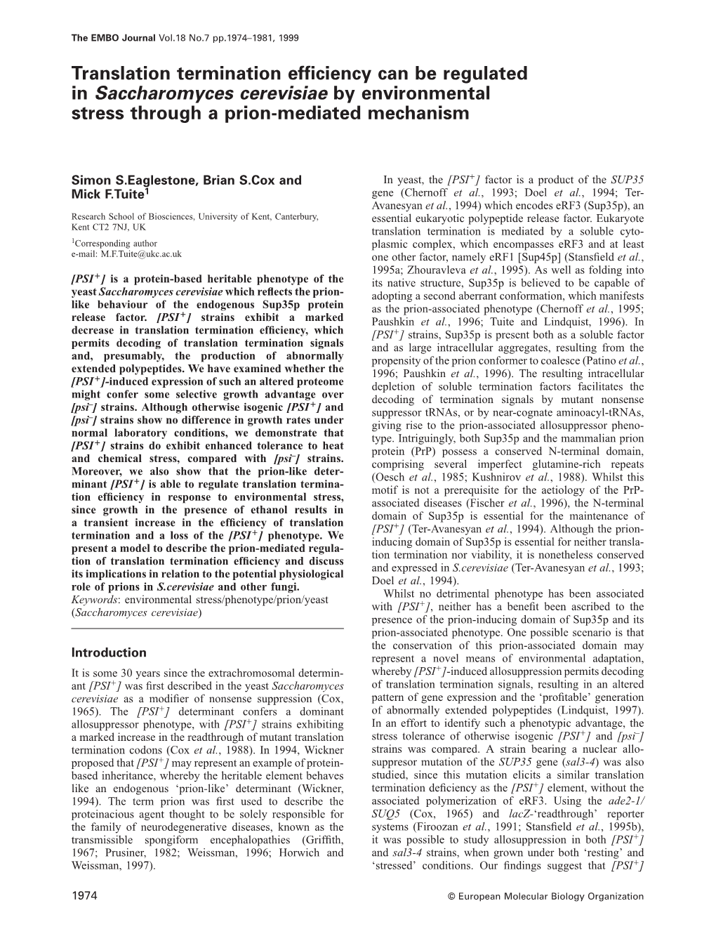 In Saccharomyces Cerevisiae by Environmental Stress Through a Prion-Mediated Mechanism