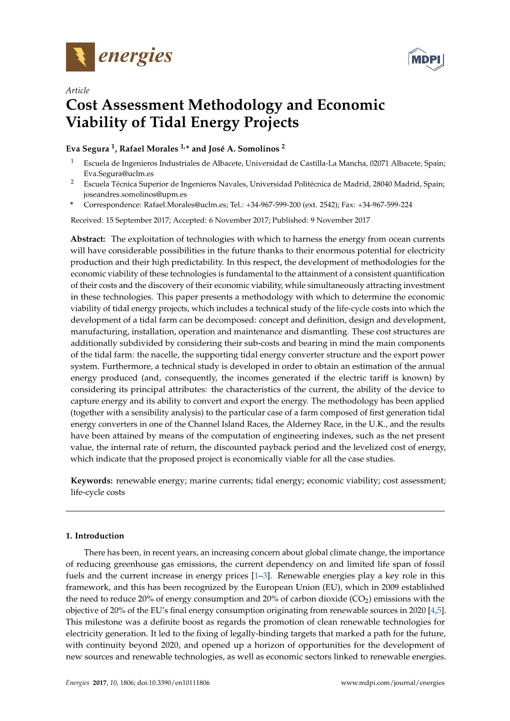 Cost Assessment Methodology and Economic Viability of Tidal Energy Projects