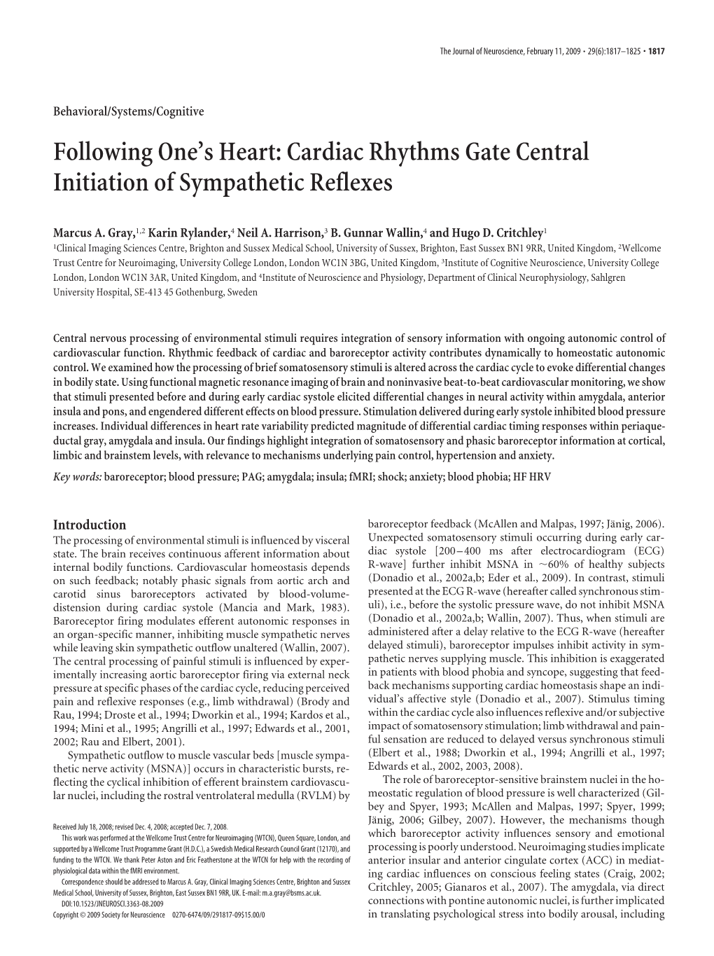 Cardiac Rhythms Gate Central Initiation of Sympathetic Reflexes