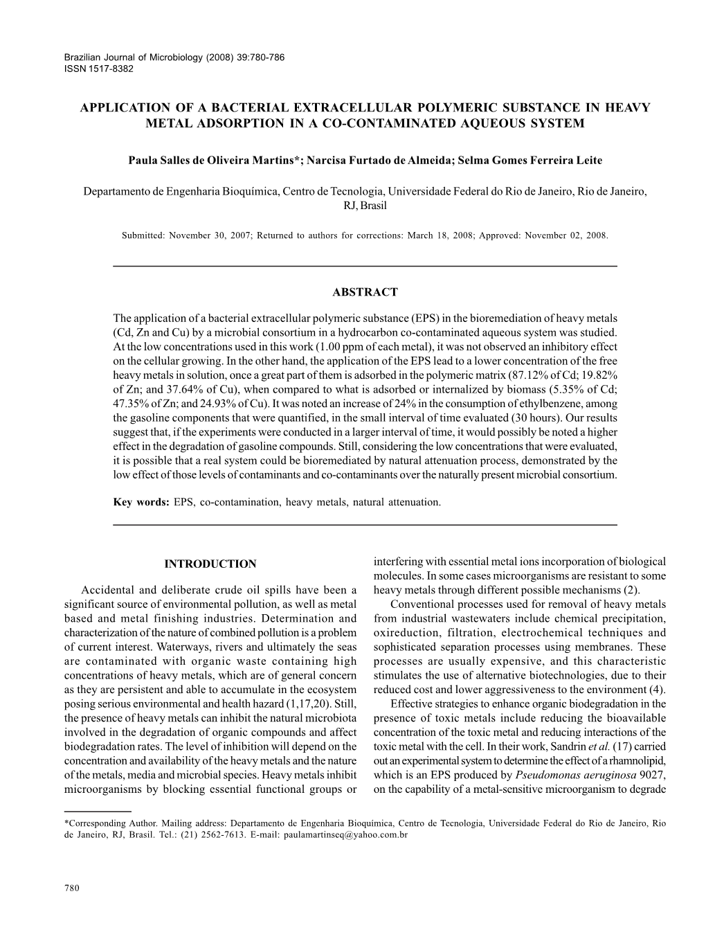 Application of a Bacterial Extracellular Polymeric Substance in Heavy Metal Adsorption in a Co-Contaminated Aqueous System