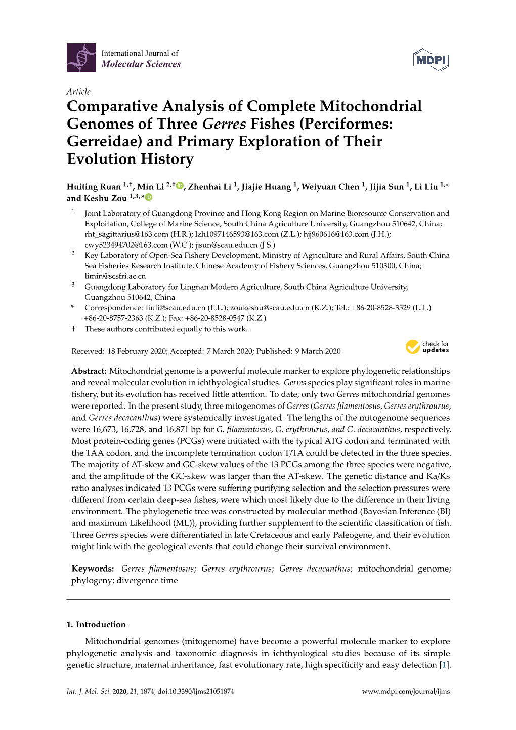 Comparative Analysis of Complete Mitochondrial Genomes of Three Gerres Fishes (Perciformes: Gerreidae) and Primary Exploration of Their Evolution History