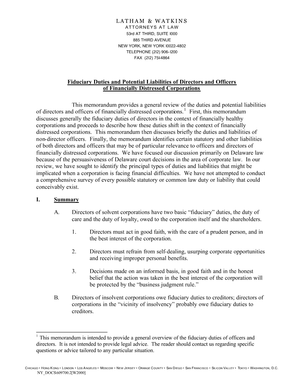 Fiduciary Duties and Potential Liabilities of Directors and Officers of Financially Distressed Corporations