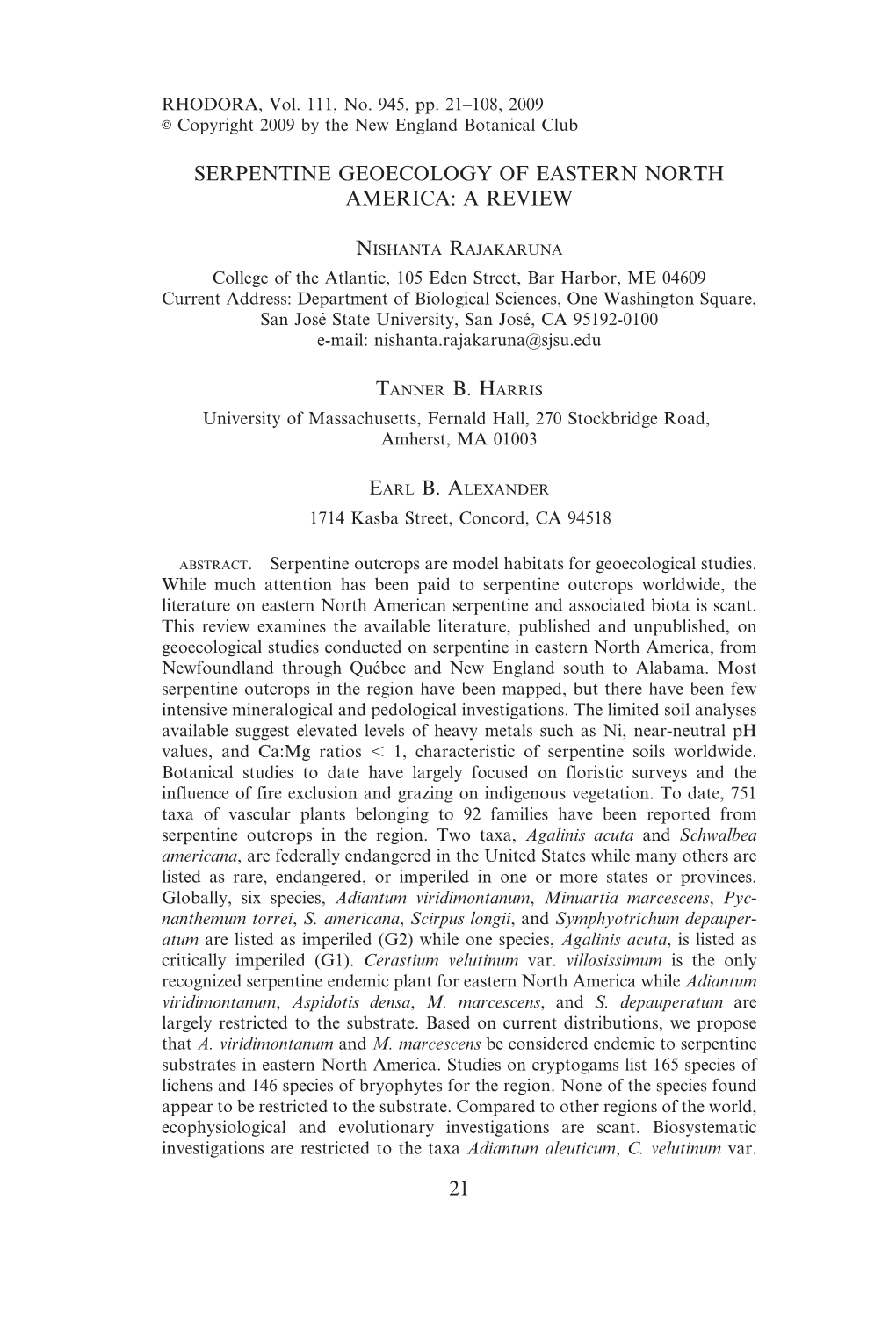 Serpentine Geoecology of Eastern North America: a Review