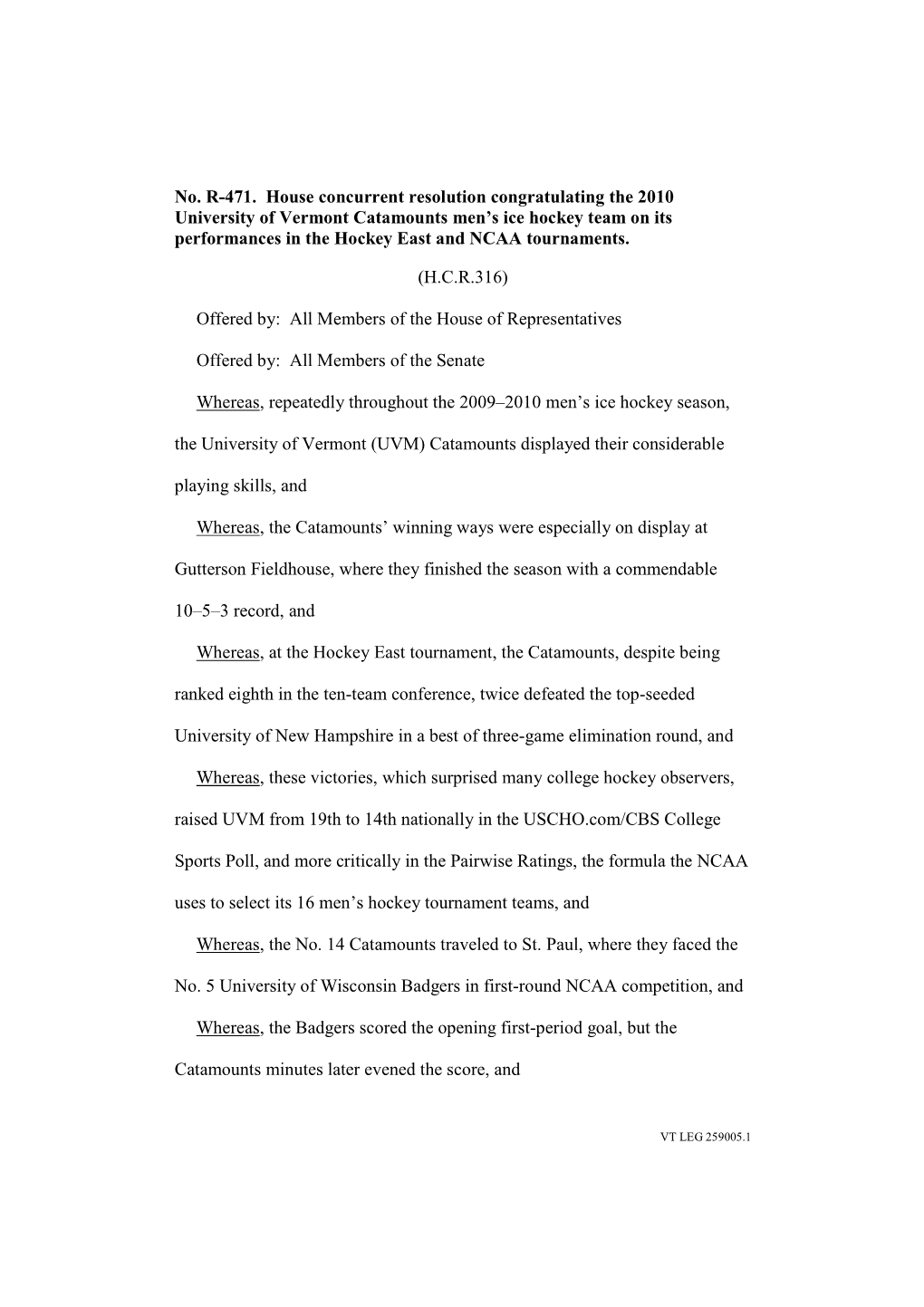 No. R-471. House Concurrent Resolution Congratulating the 2010